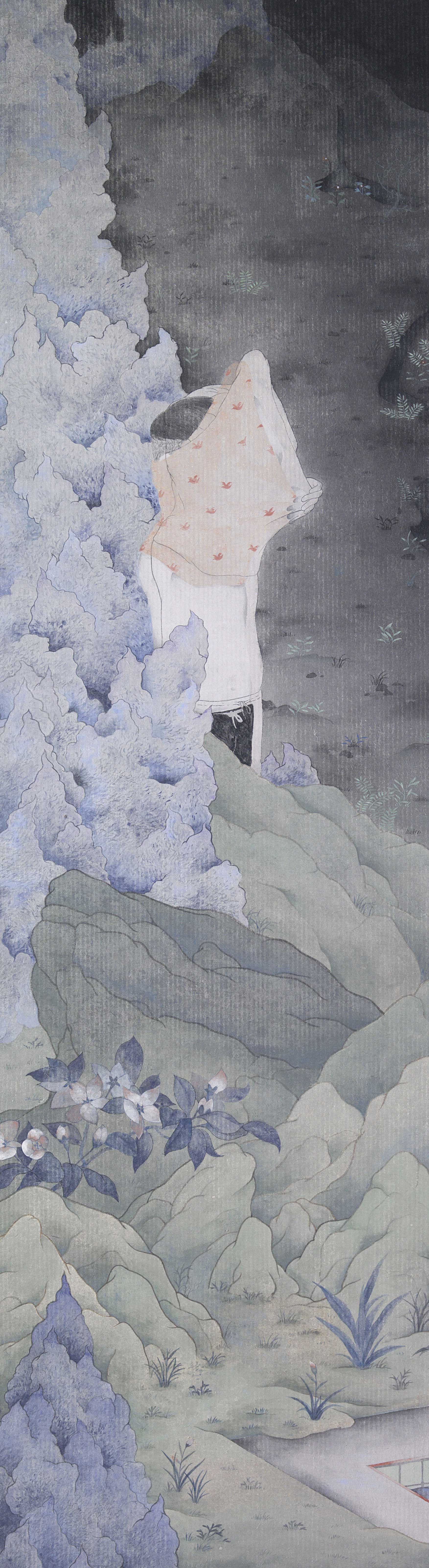 Bathing, 2013, mineral pigment, ink on paper 140x40cm