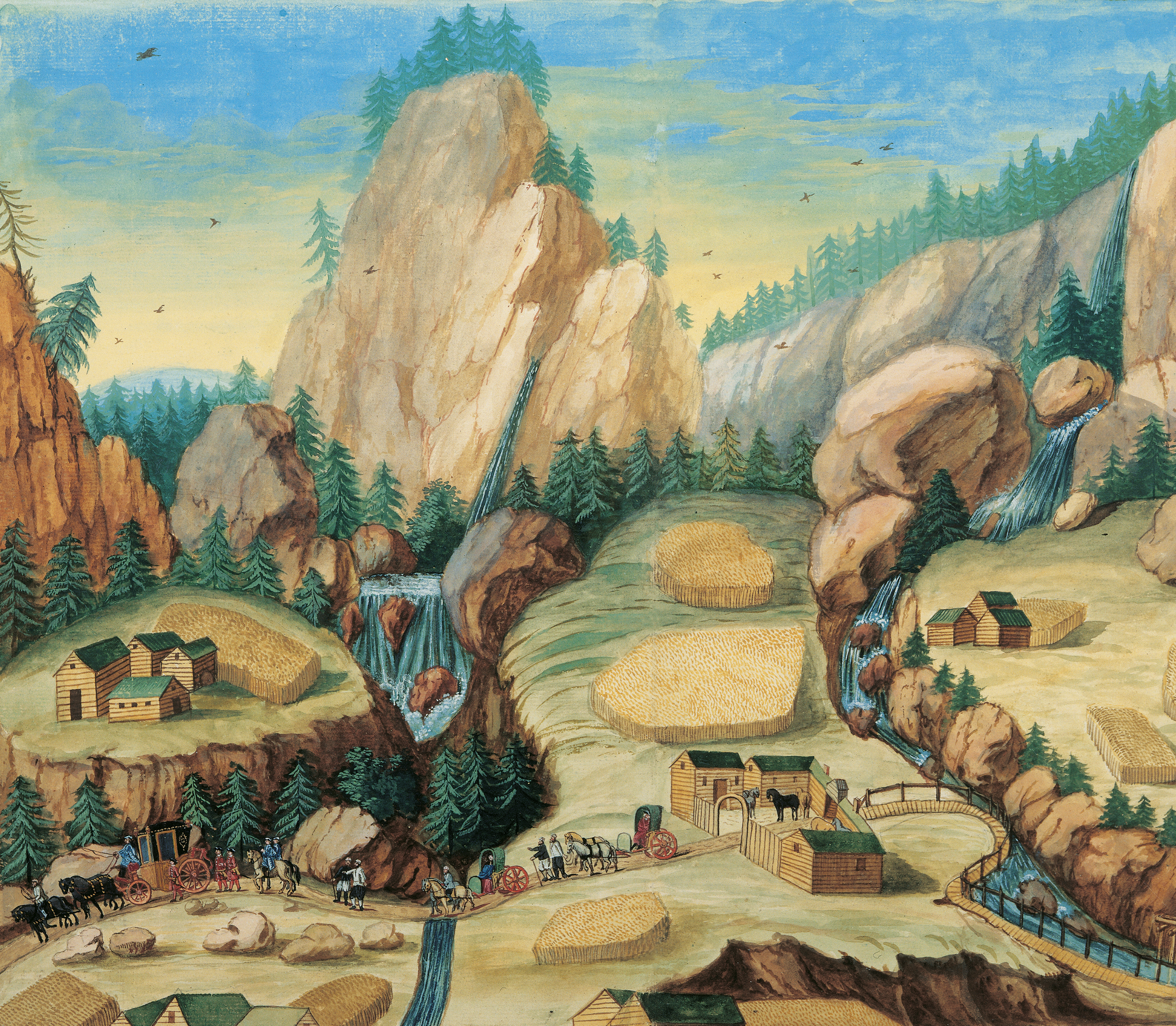 The Danish King Christian 6 passing Budsjord in 1733 (Hendes Majestæt Dronningens Håndbibliotek, København)