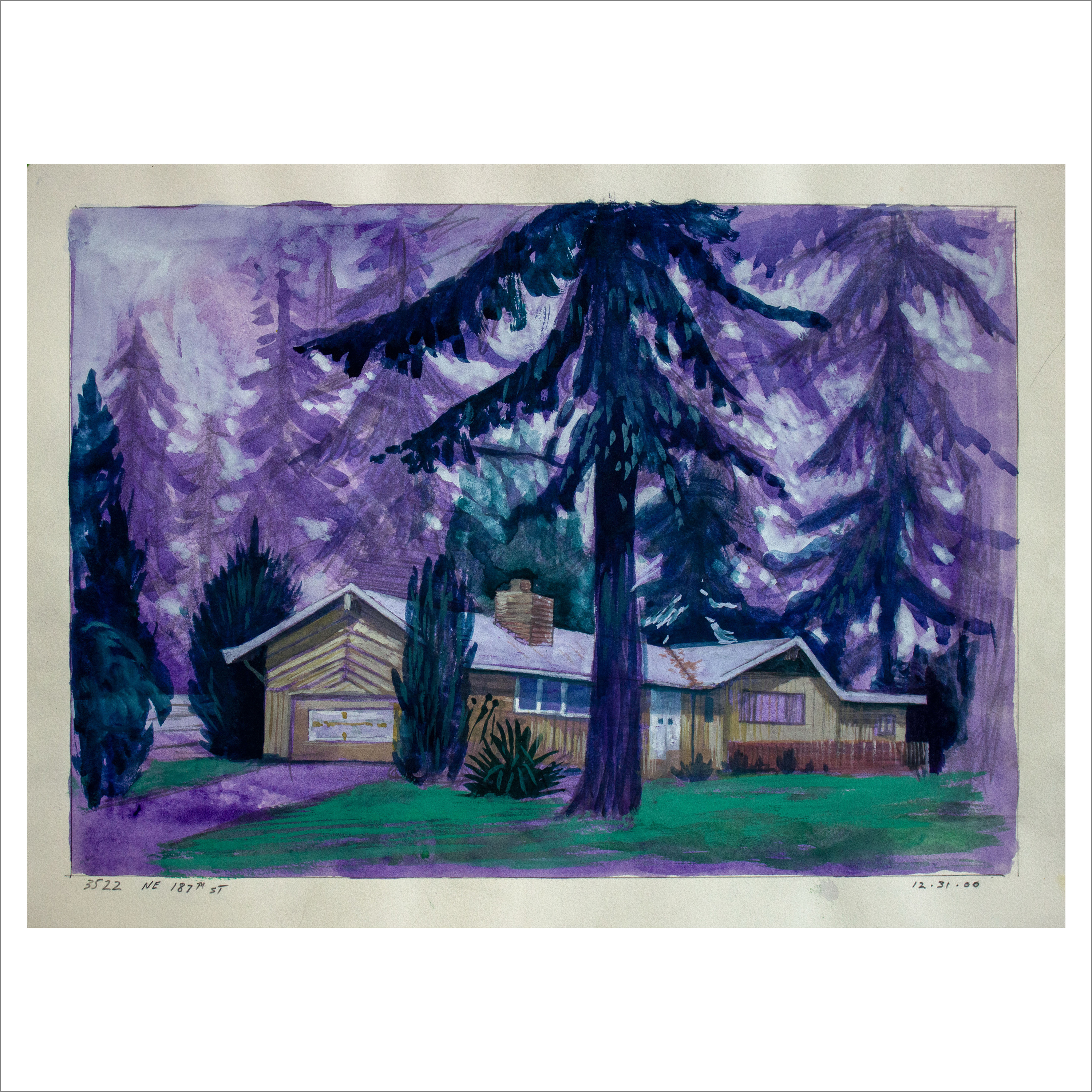Tan House with Purple Trees