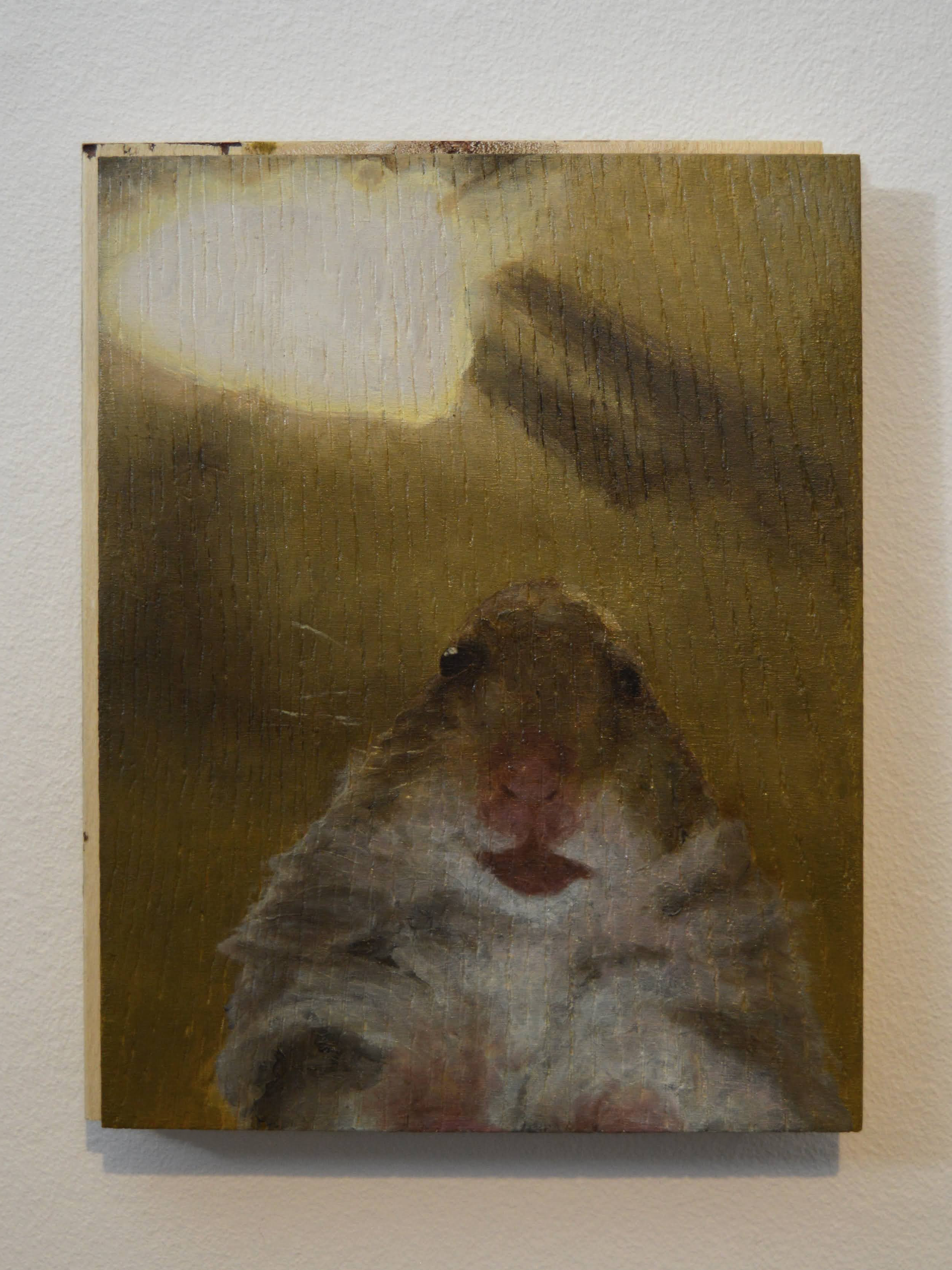 hamster under a ceiling fan meme   oil on floorboard, 15 x 19.5 cm 