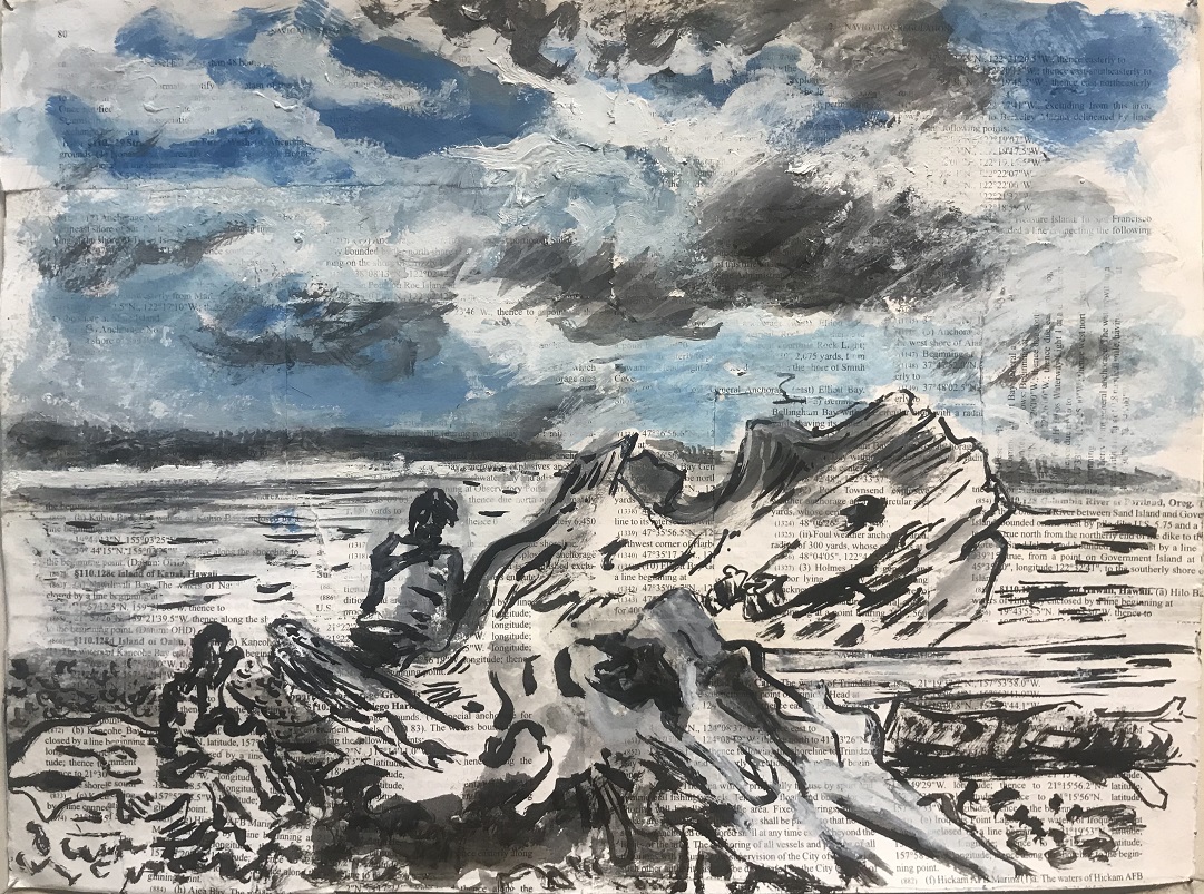 The Blue of Distance (Drawing), 2019, Ink and gesso on found navigational charts, 12 x 16 in.