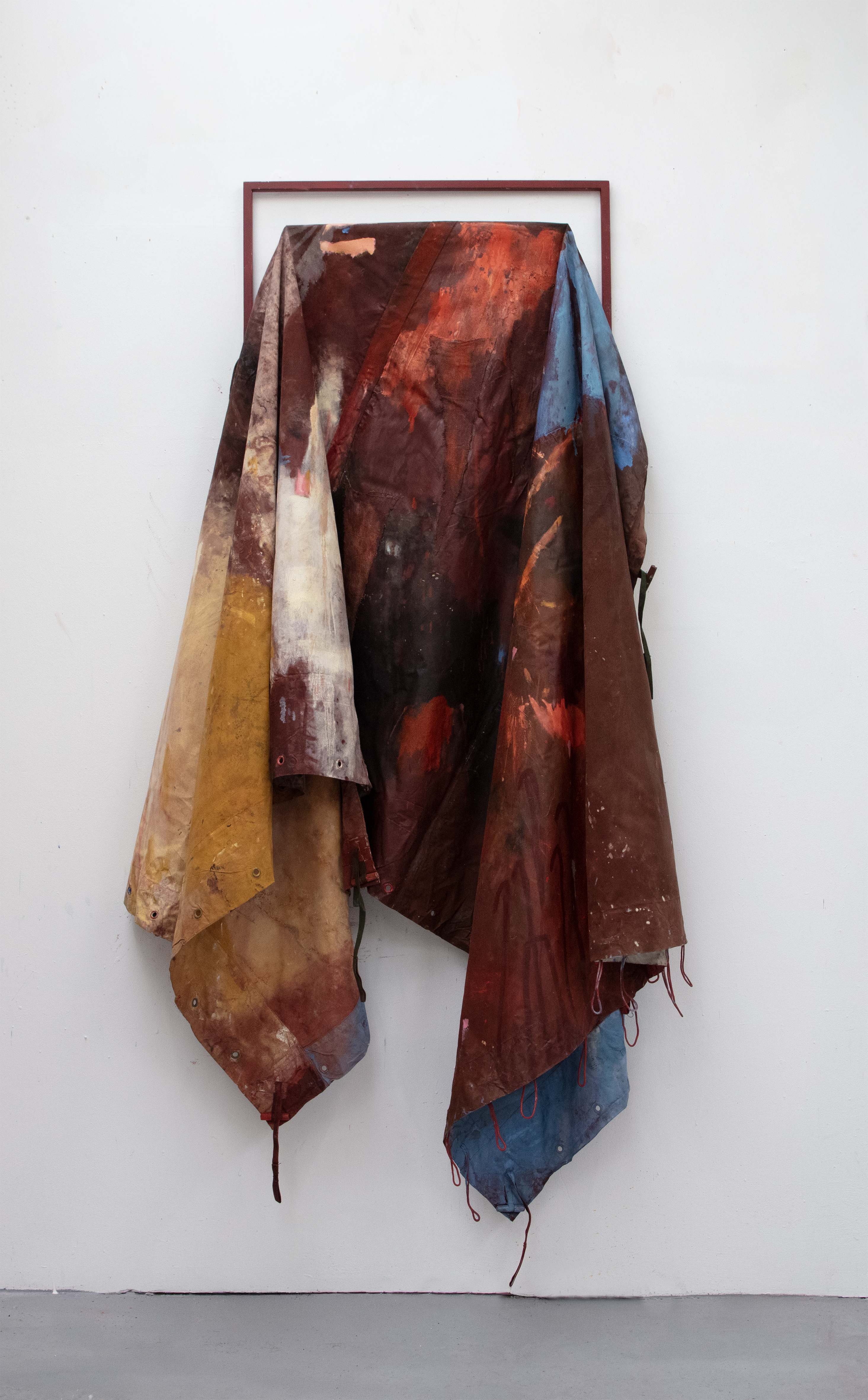 Bobby, 2025 Oil, acrylic and spray paint on military surplus tent canvas and steel. 118 1/8 x 39 3/8 x 11 3/4 in 300 x 100 x 30 cm