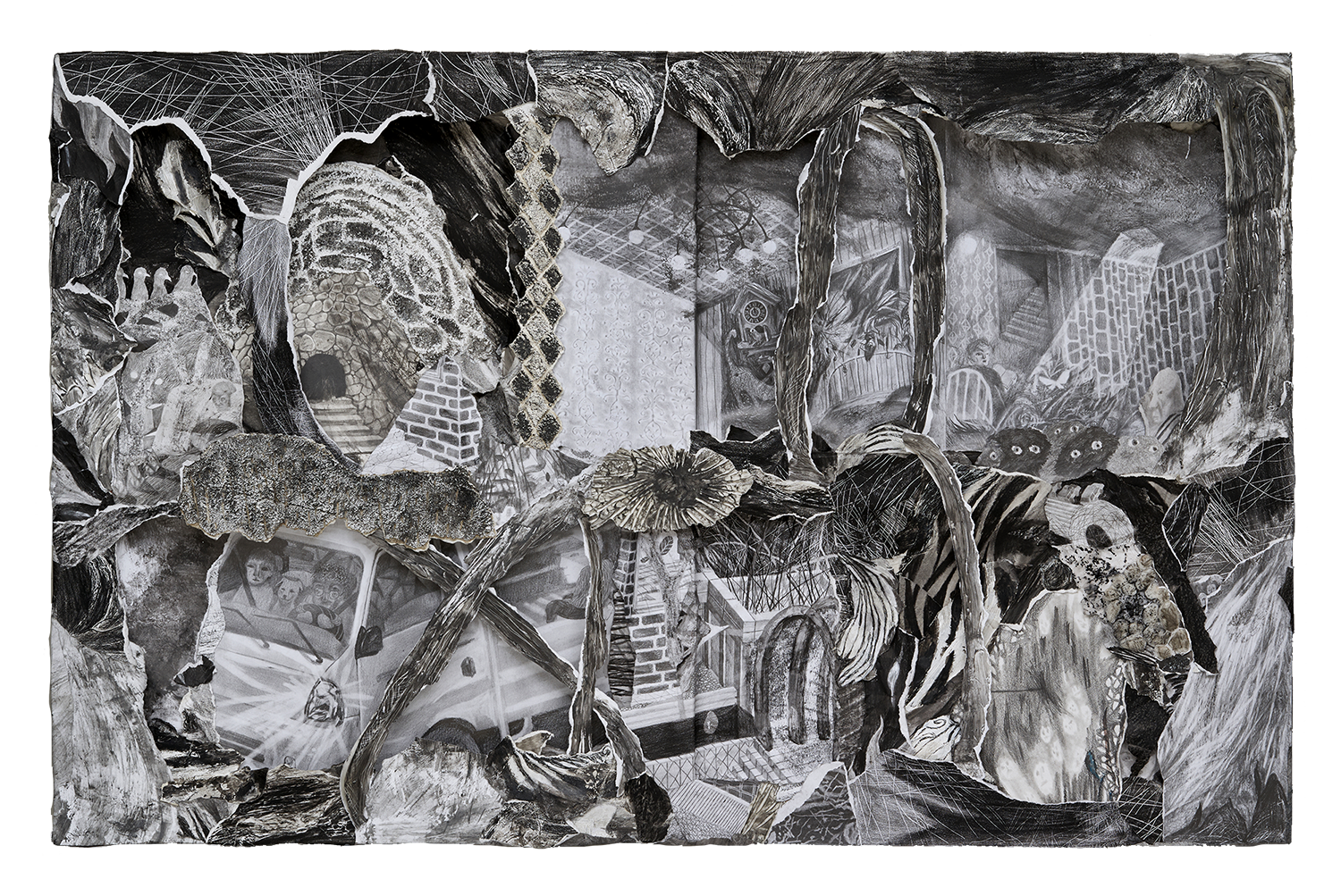 돌과 나와 벽, 2022, 목재틀에 종이, 흑연, 및 혼합재료, 75x117cm