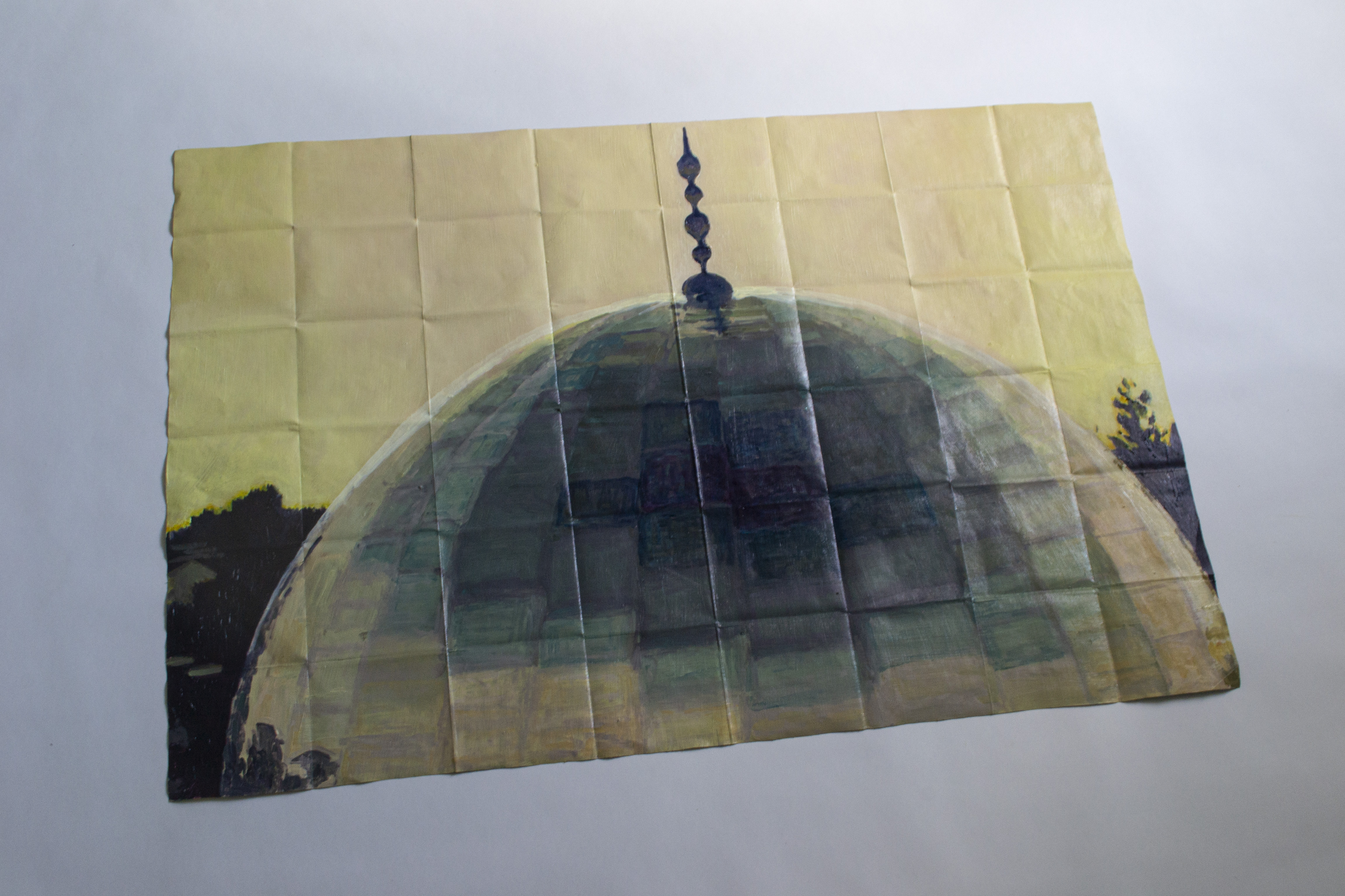 Nasirmoskén, 2024, Oil on Paper, 110x70cm. The Nasir mosque was built in 1976 and is Sweden´s first mosque.