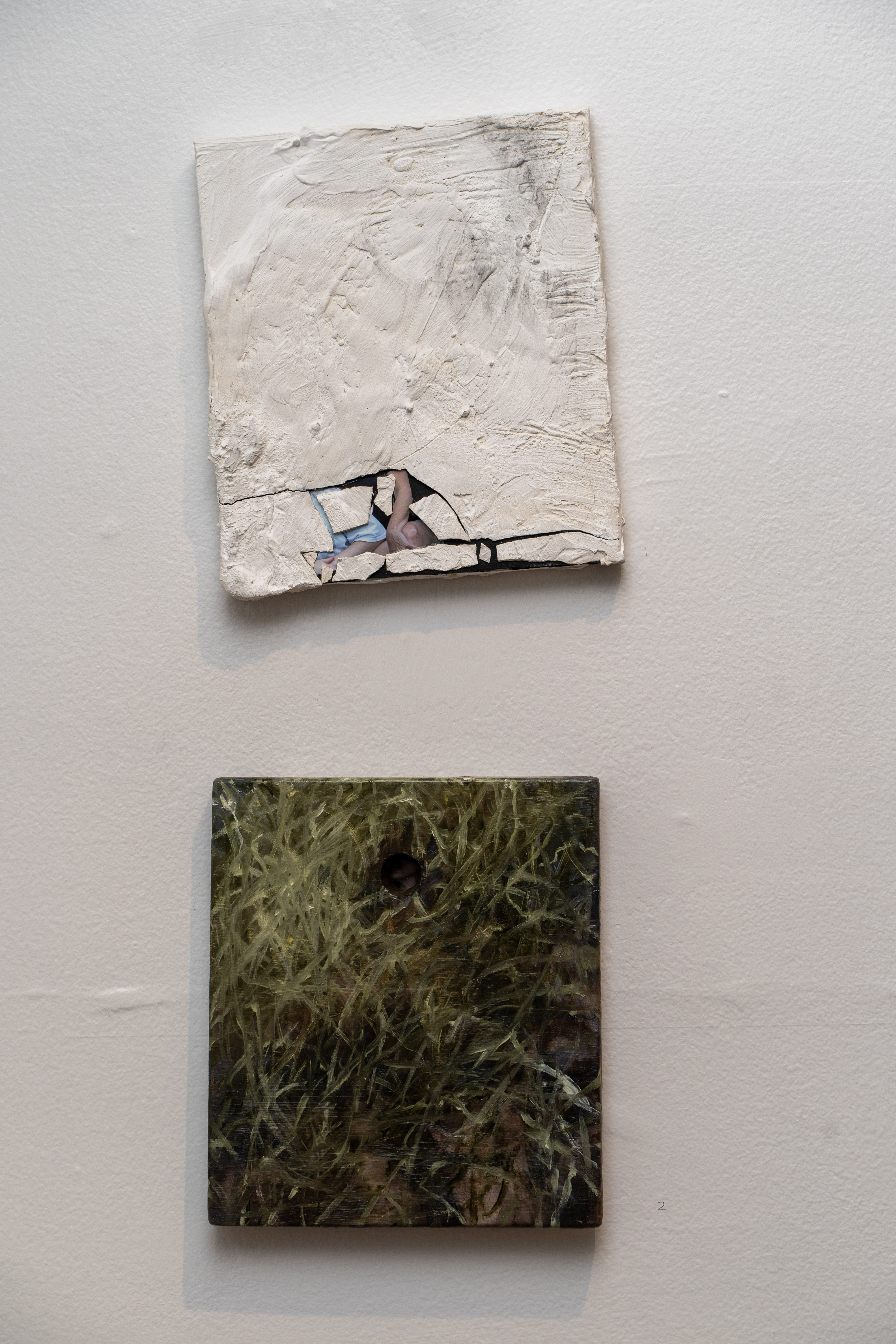 Two paintings hang on a white wall. The top painting has thick white paint, with some cracks at the bottom revealing part of a photograph. The bottom painting is a closeup of green grass.