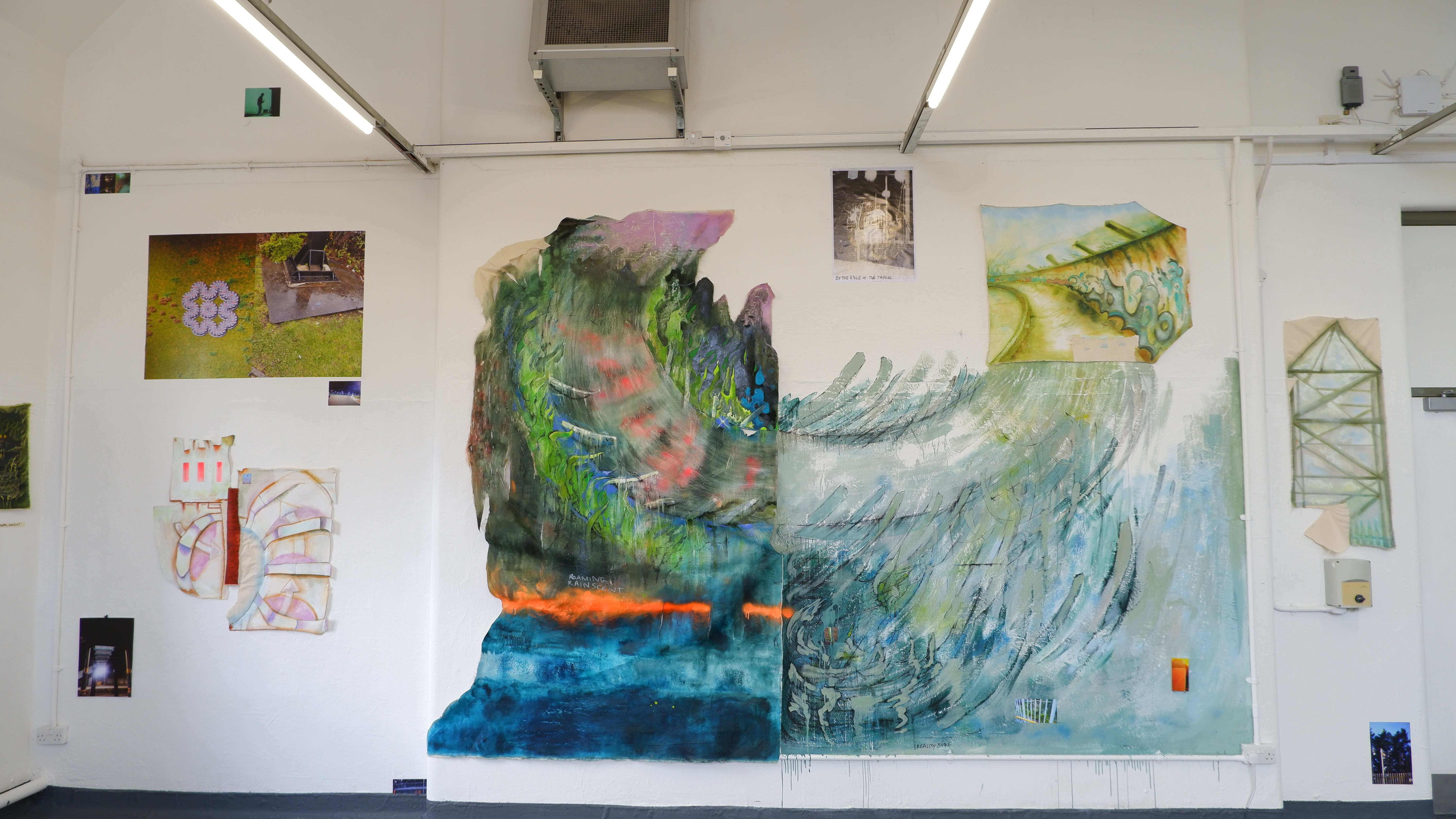 'RoamingRainscent' Installation, consisting of large scale oil on canvas (220cm x 183cm), other paintings  and digital prints, 2022.