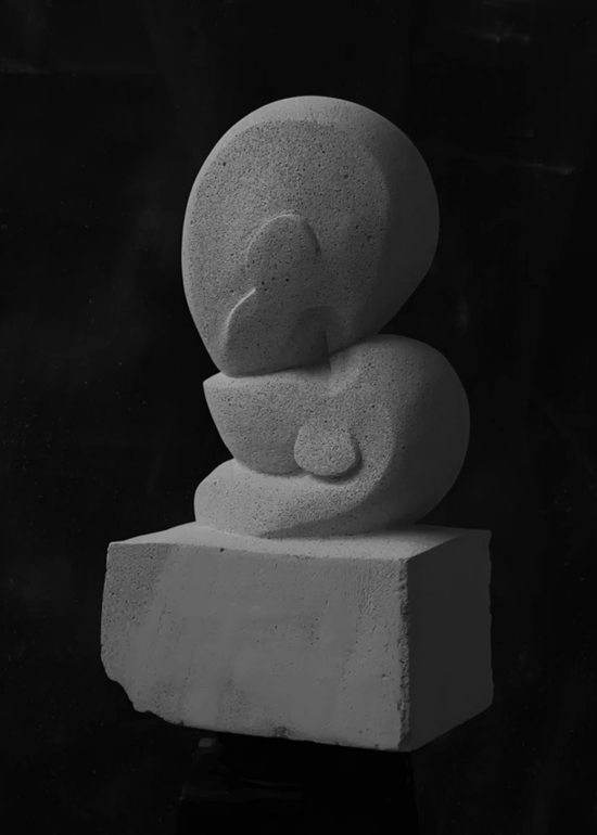 Rotating gif of a Stone sculpture of two heads kissing one balancing on top of the other with their faces and lips pressed into each other carved out of a single block of stone brutalist abstract features of eyes closed while kissing sculpted by the artist Benjamin Ewing