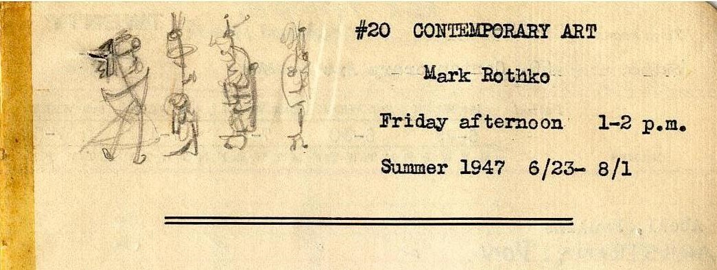Mark Rothko’s 1947 roll book for the lecture class, with his doodle that looks a little like a sketch of his Slow Swirl at the Edge of the Sea (1944).