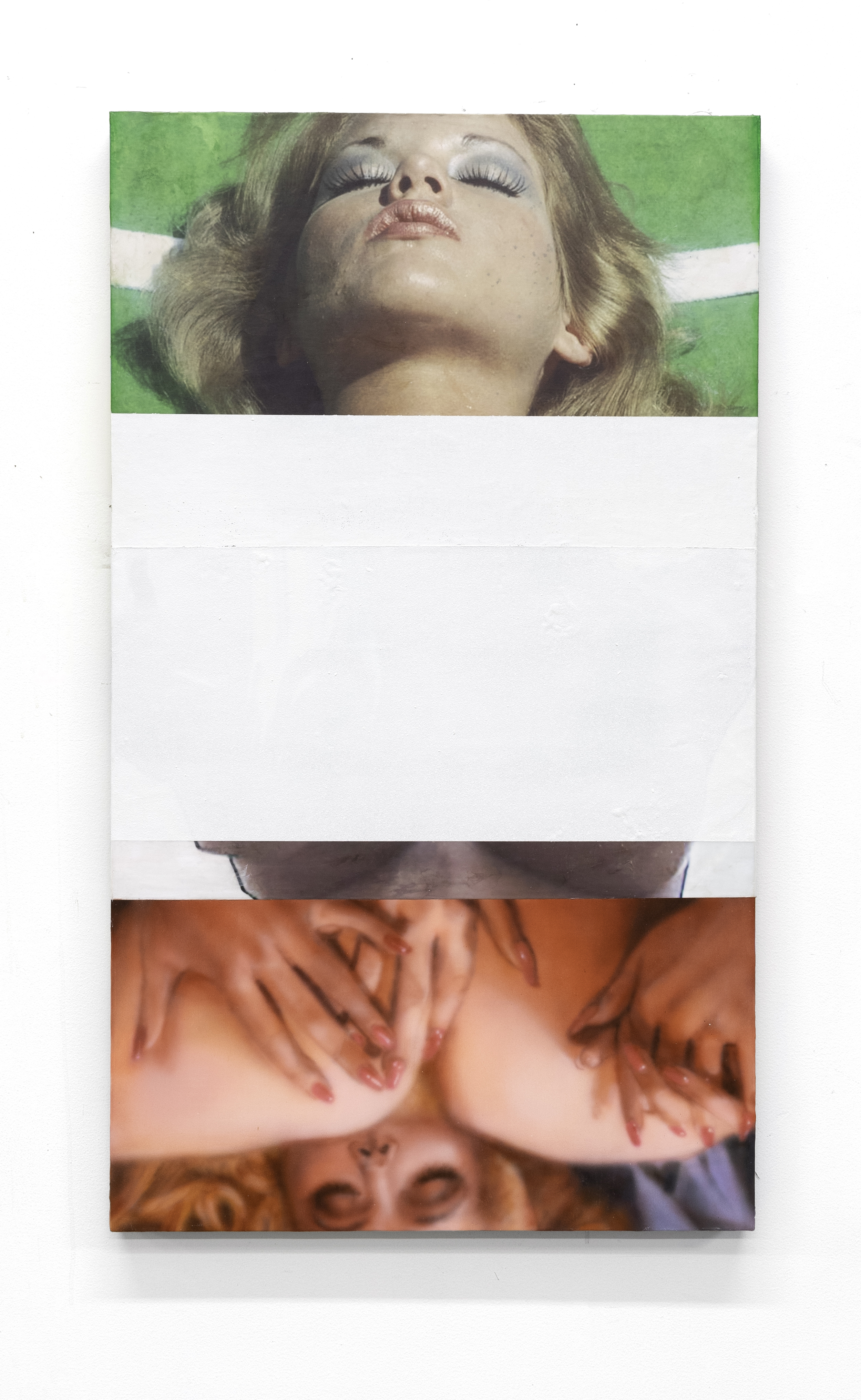 Sometimes the blouse is worth more money than the money,  acrylic, pigment transfer, hydrochromic ink, glitter on linen 25.6 in x 44.1in  2024