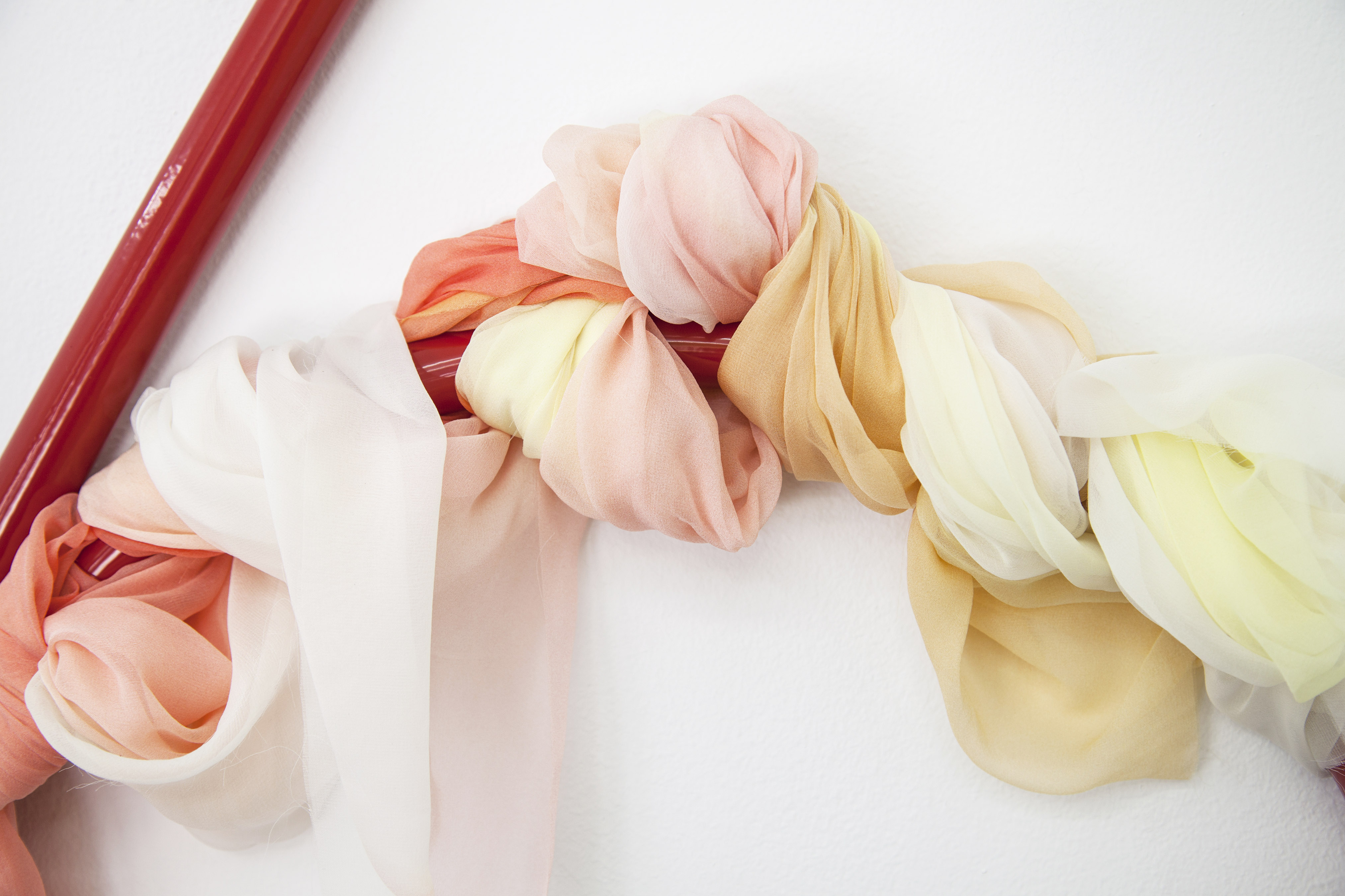 How to drape a big bicep (detail), printed silk and powder-coated steel, 44x28 inches, 2016. Capital Gallery, San Francisco, 2016. More pictures here.