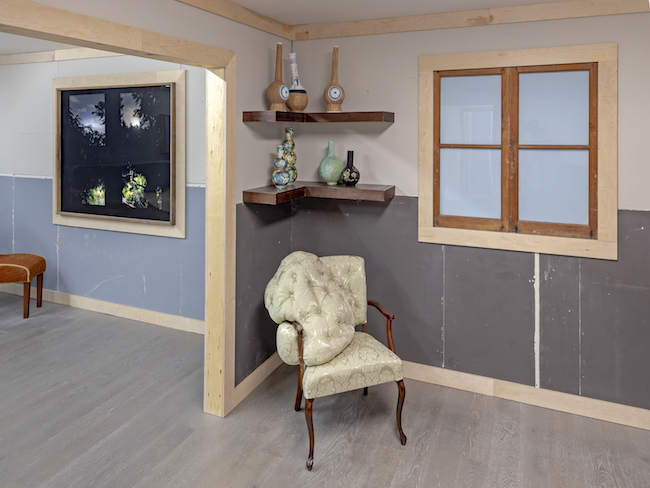 Left to right: Sandra Brewster, (Un)Scene, 2017, digital print, lightbox; Karen Tam (from left to right, top to bottom) Pearl Divers (Café-au- lait), 2019, papier-mâché, card, gouache, gesso, UV archival varnish; Prince Arthur’s Vase, 2016, sequins, steel pins, Styrofoam, wool; Castiglione’s Insect Mimics: Morning Glories, Bamboo, and Hemeroplanes triptolemus, 2019, sequins, Styrofoam, steel pins, felt; Guan ware (After Jean-Paul Riopelle), 2018, papier-mâché, gouache, pigmented India ink; Autumn's Luck (Famille Noire), 2018, papier-mâché, gouache, pigmented India ink; Dragon Jar, 2019, papier-mâché, gouache, pigmented India ink; Lucy Howe, Untitled (Chair), 2009, mixed media