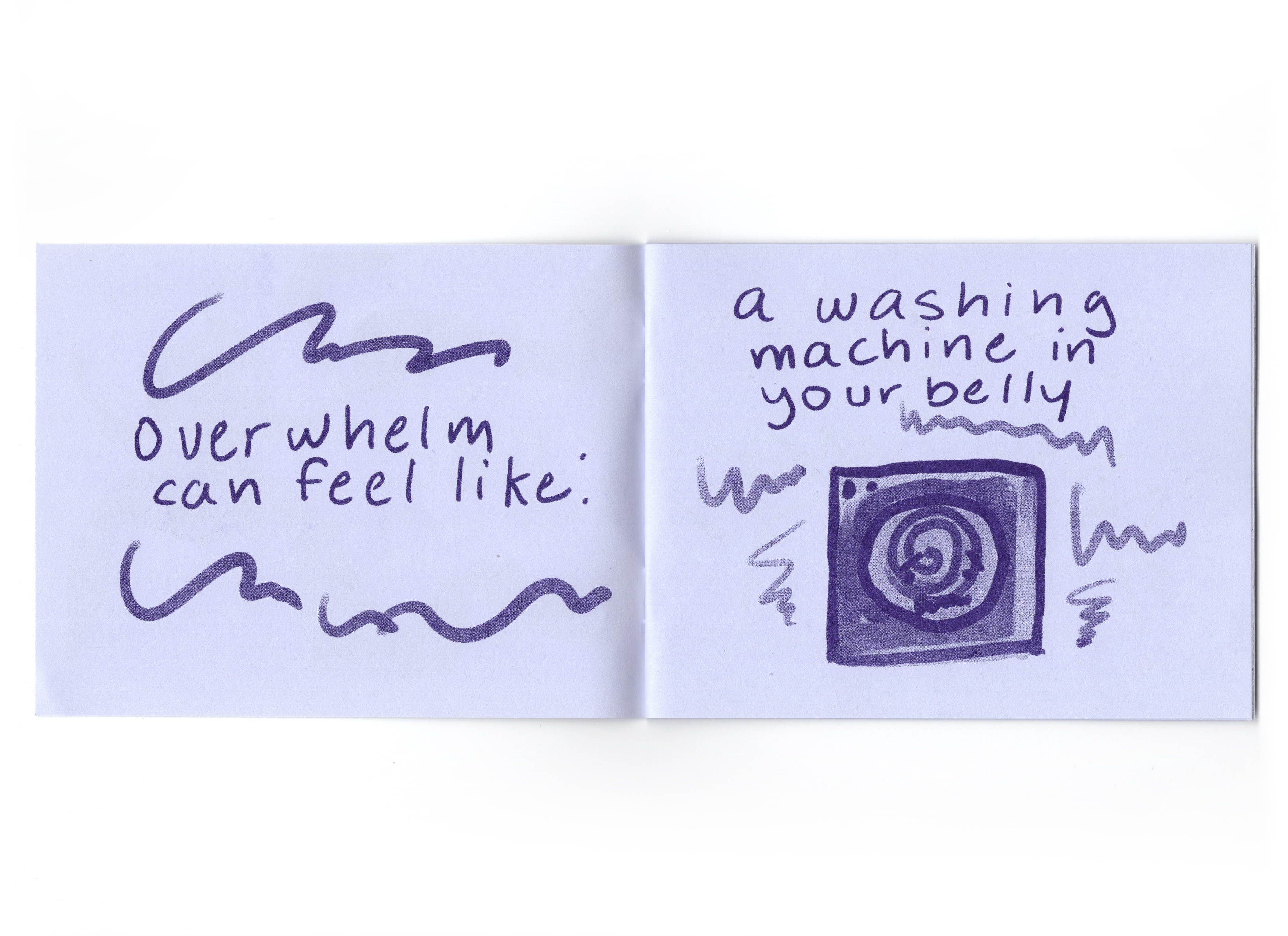 An open spread of the book. On the left page the words "overwhelm can feel like:" are emphasized by squiggles. On the right page a charming drawing of a queasy looking washing machine illustrates the text.
