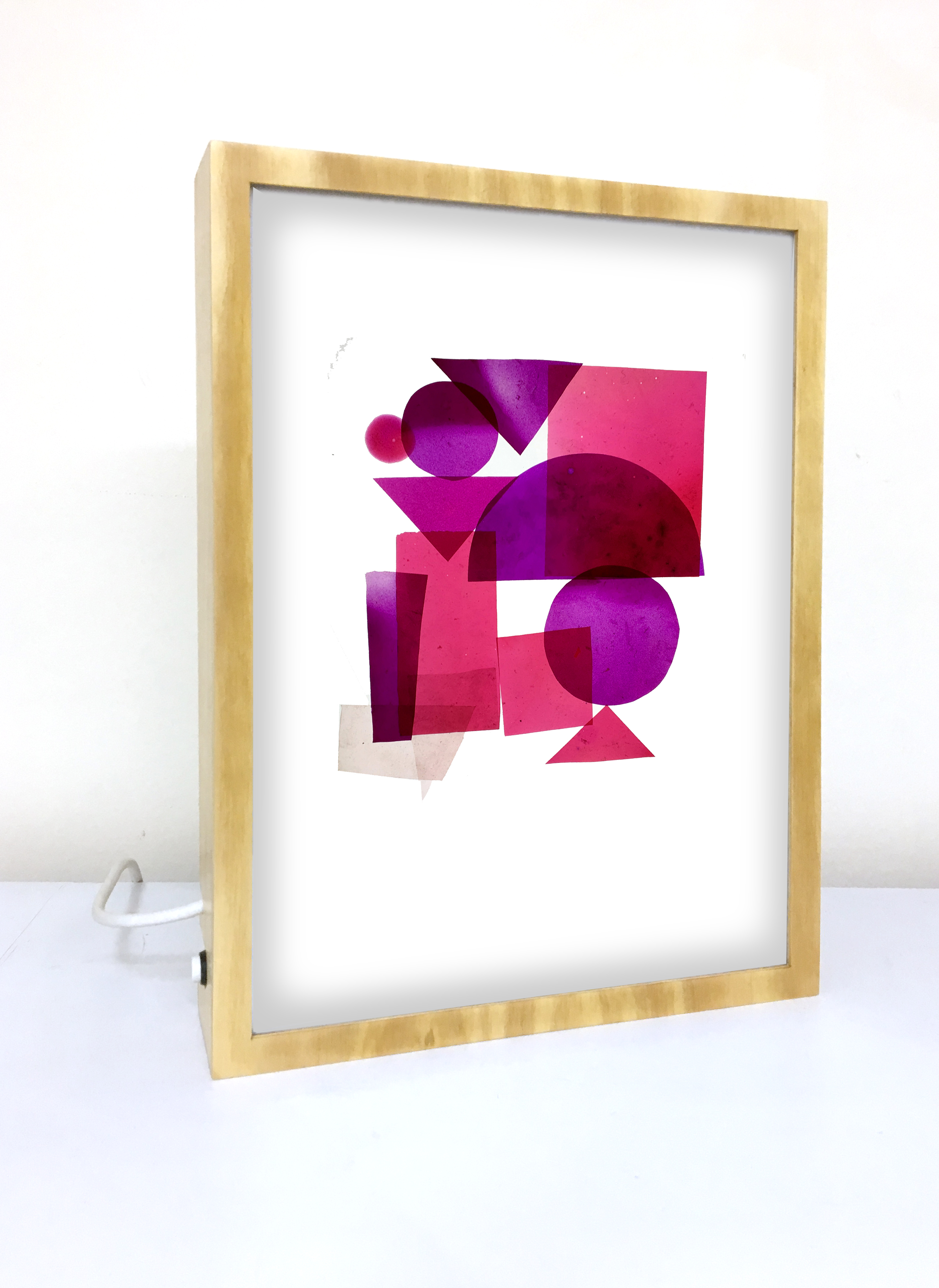 Ventana de Luz #04. Laminas de Bioplasticos y tintas naturales (Cochinilla, flor de jamaica y Maqui.)  Cajas de luz,  retro iluminadas de madera. 30 cm x 42. Valor:300.00