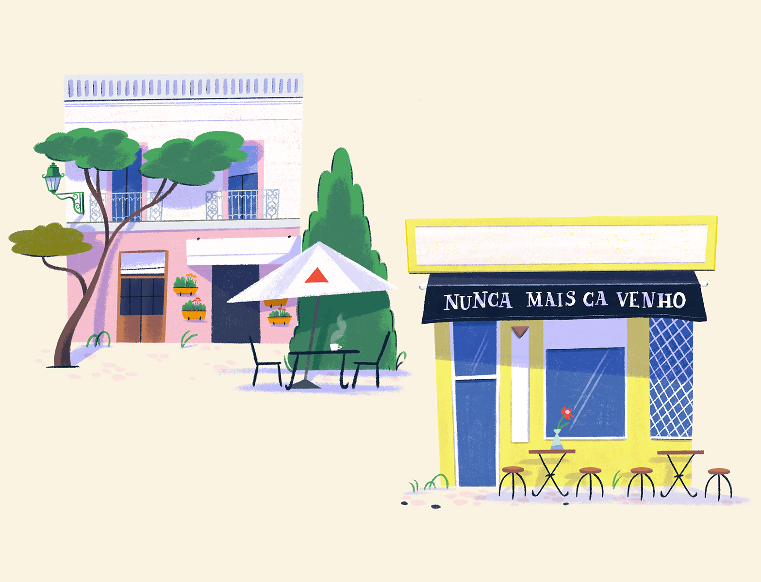 two restaurants facades with a tree