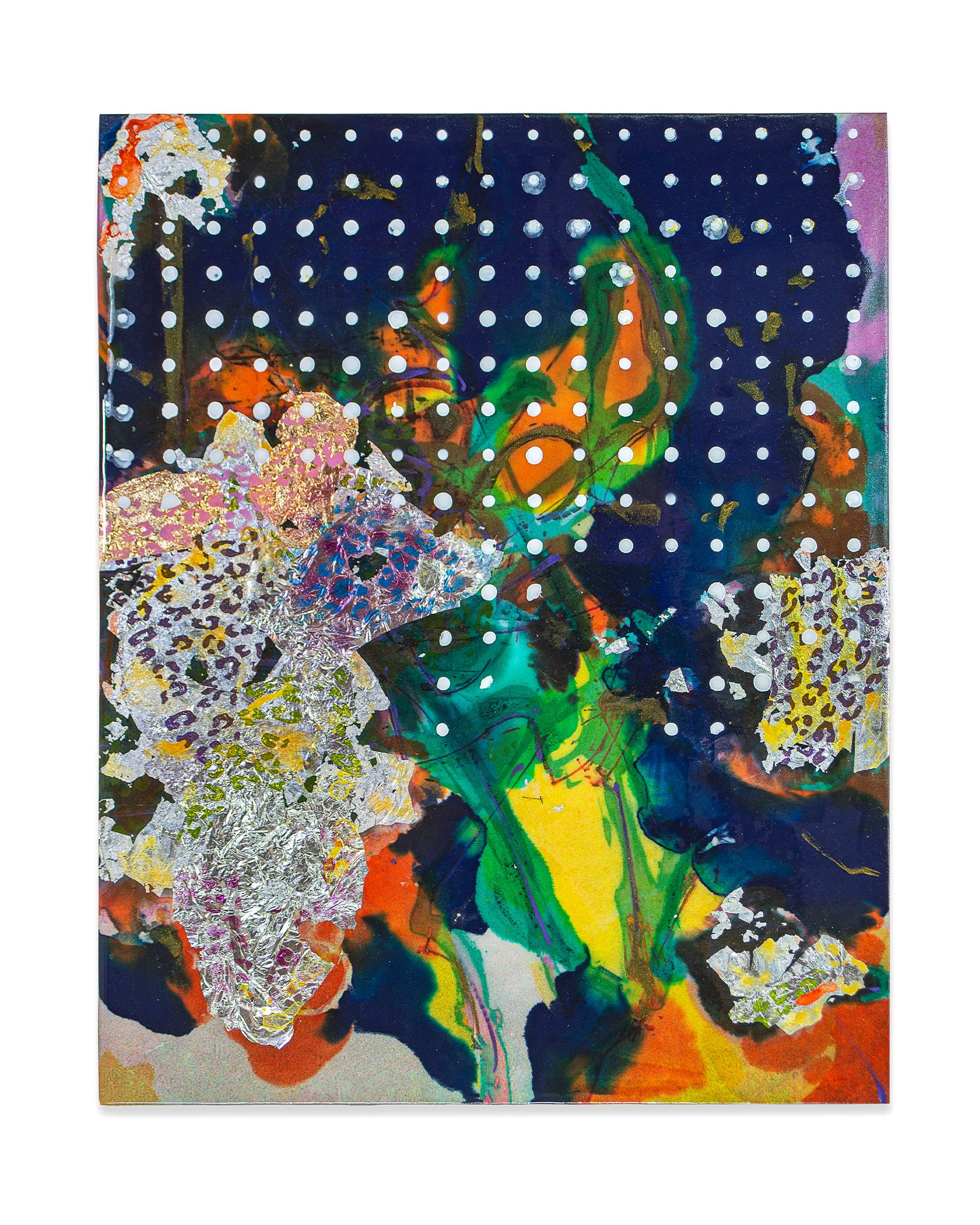 Untitled #4, 55x44cm, 2022 - fabric printing (sublimation), acrylic paint, resin, silver leaf