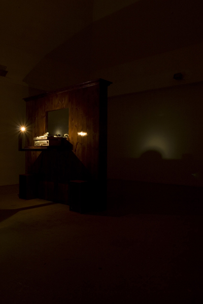 War of the Worlds, 2010, 230 H x 200 W x 20 D (cm), wood, two-way mirror, phonograph, crystal diamond