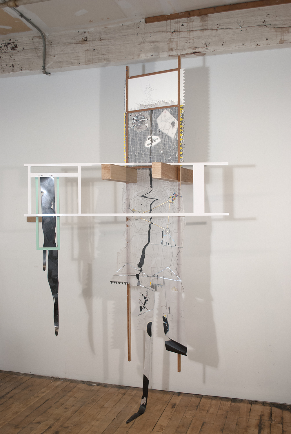 ghost of pj  Ink, graphite, metallic tape, aerosol and gold leaf on paper and mylar. Laminate and wood. Paint and incisions on wall. 2011 - 103 x 40 x 28