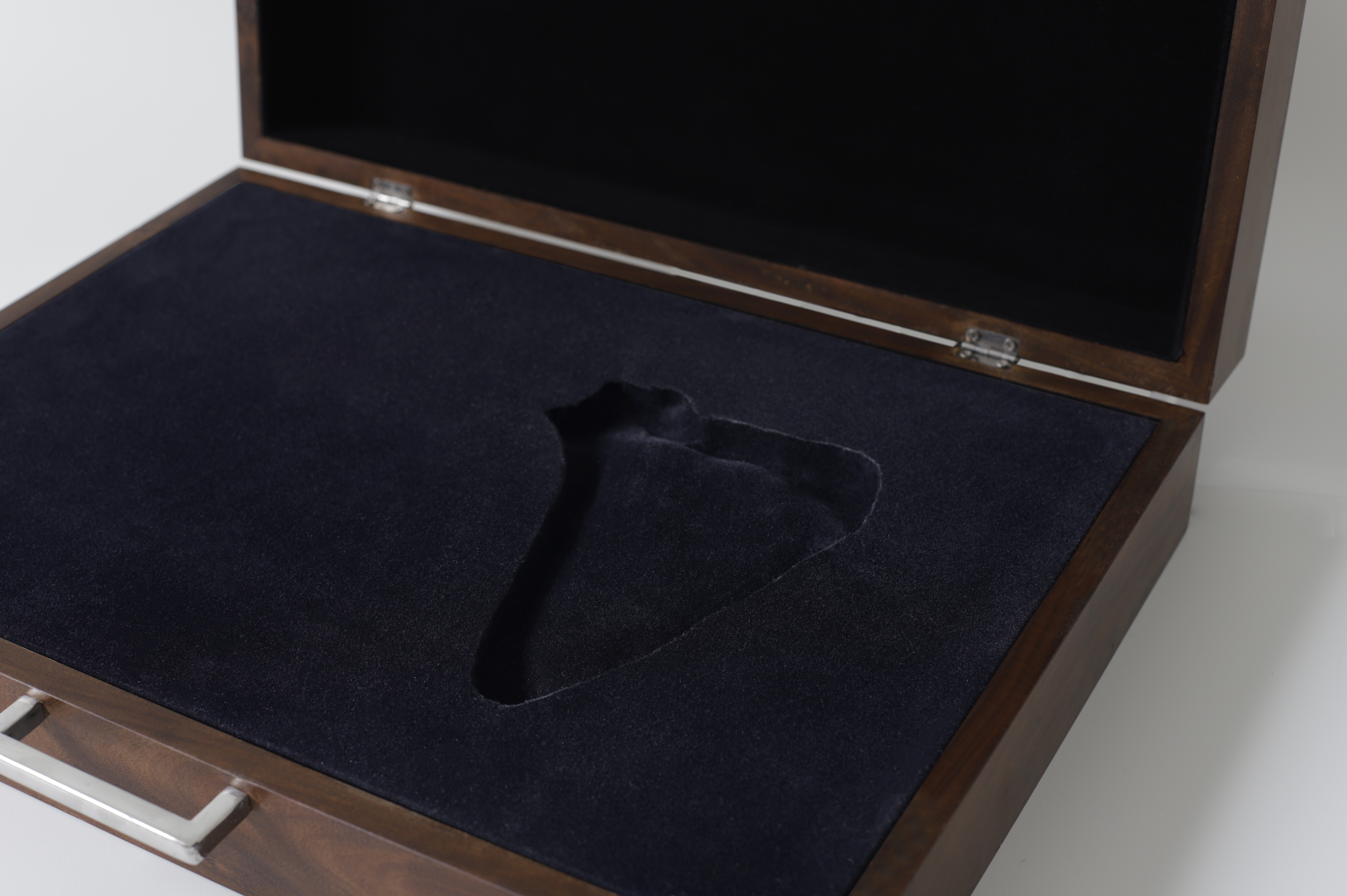 Archaelogical findings from a distant future, 2023. Stainless steel, resin, velvet and hardwood, 12 x 41,5 x 53 cm.