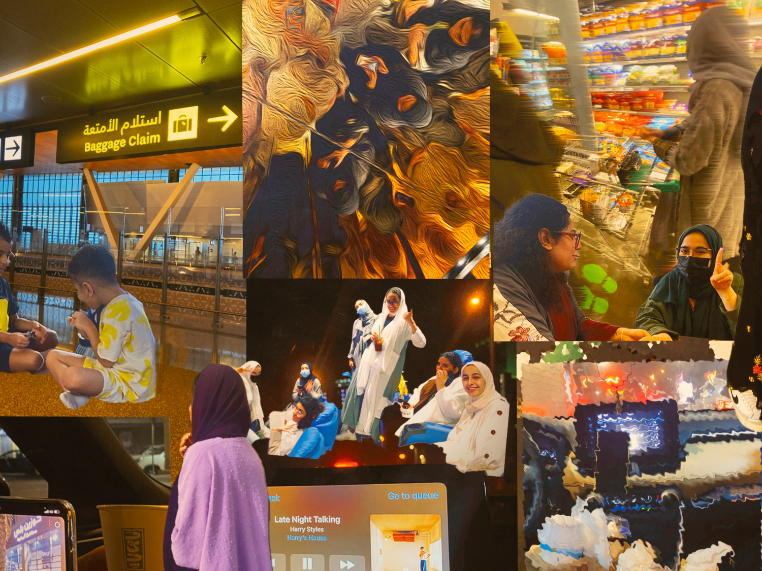 I spent the summer of 2022 in Saudi Arabia, Dammam, capturing memories with my loved ones in archival photos. I used Photoshop to create a collage, playing with filters and cropping to evoke the feeling of intertwined memories. This technique helps me reflect on how time seems to blur when we're having fun, with days melding together into cherished moments.