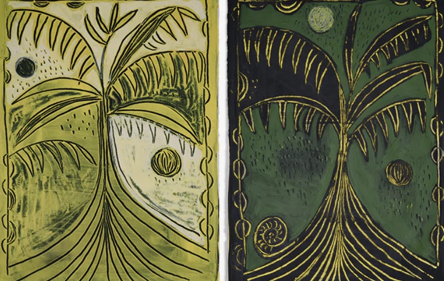 Yellow Moon Tree, 2024. Midnight Violet, 2024. Acrylic on Arches paper. 30 x 45"