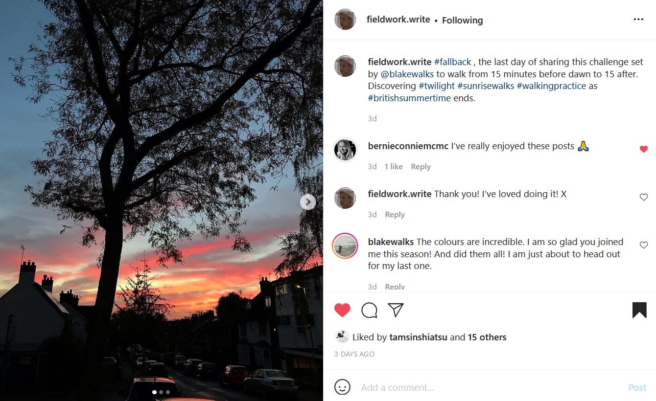 fieldwork.write Instagram post of a sunrise with a pink and orange horizon in the distance beyond rows of houses on either side of a street that are shadowed. Text reads: "fieldwork.write's profile picture: #fallback , the last day of sharing this challenge set by @blakewalks to walk from 15 minutes before dawn to 15 after. Discovering #twilight #sunrisewalks #walkingpractice as #britishsummertime ends. 3d;  bernieconniemcmc's profile picture: I’ve really enjoyed these posts 🙏 3d; fieldwork.write's profile picture: Thank you! I’ve loved doing it! X 3d; blakewalks's profile picture: The colours are incredible. I am so glad you joined me this season! And did them all! I am just about to head out for my last one."