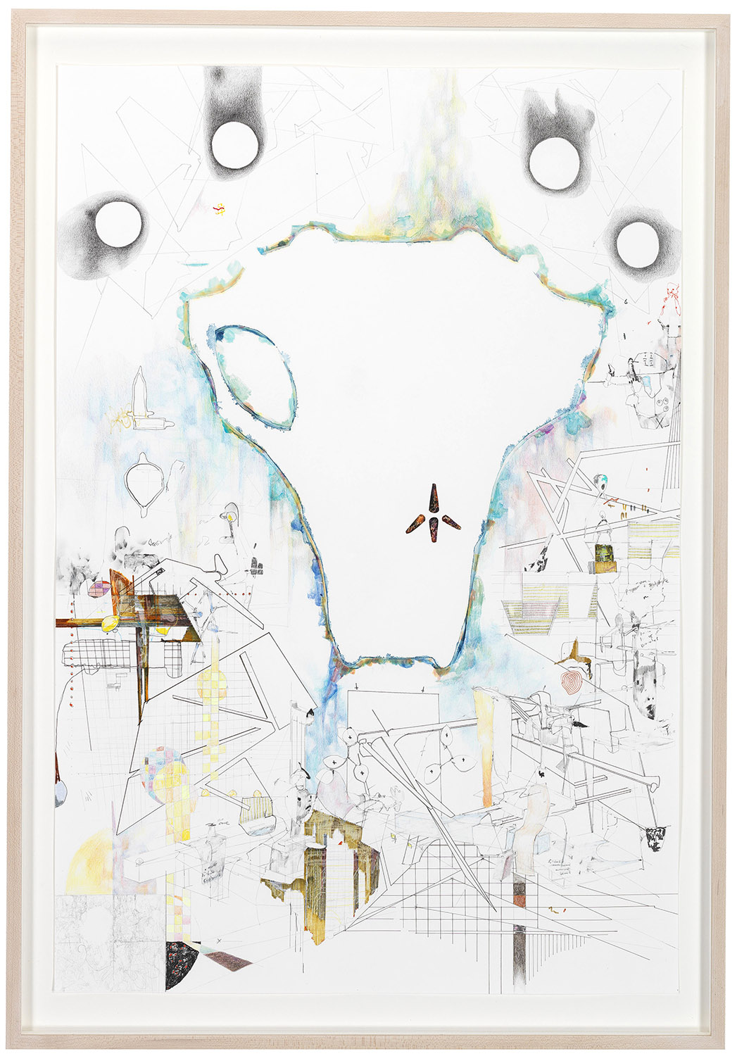 plan m (a jury)  Ink, graphite, colored pencil, oil pastel, mica powder and oil paint on paper. 2016 - 32 x 22 - Framed