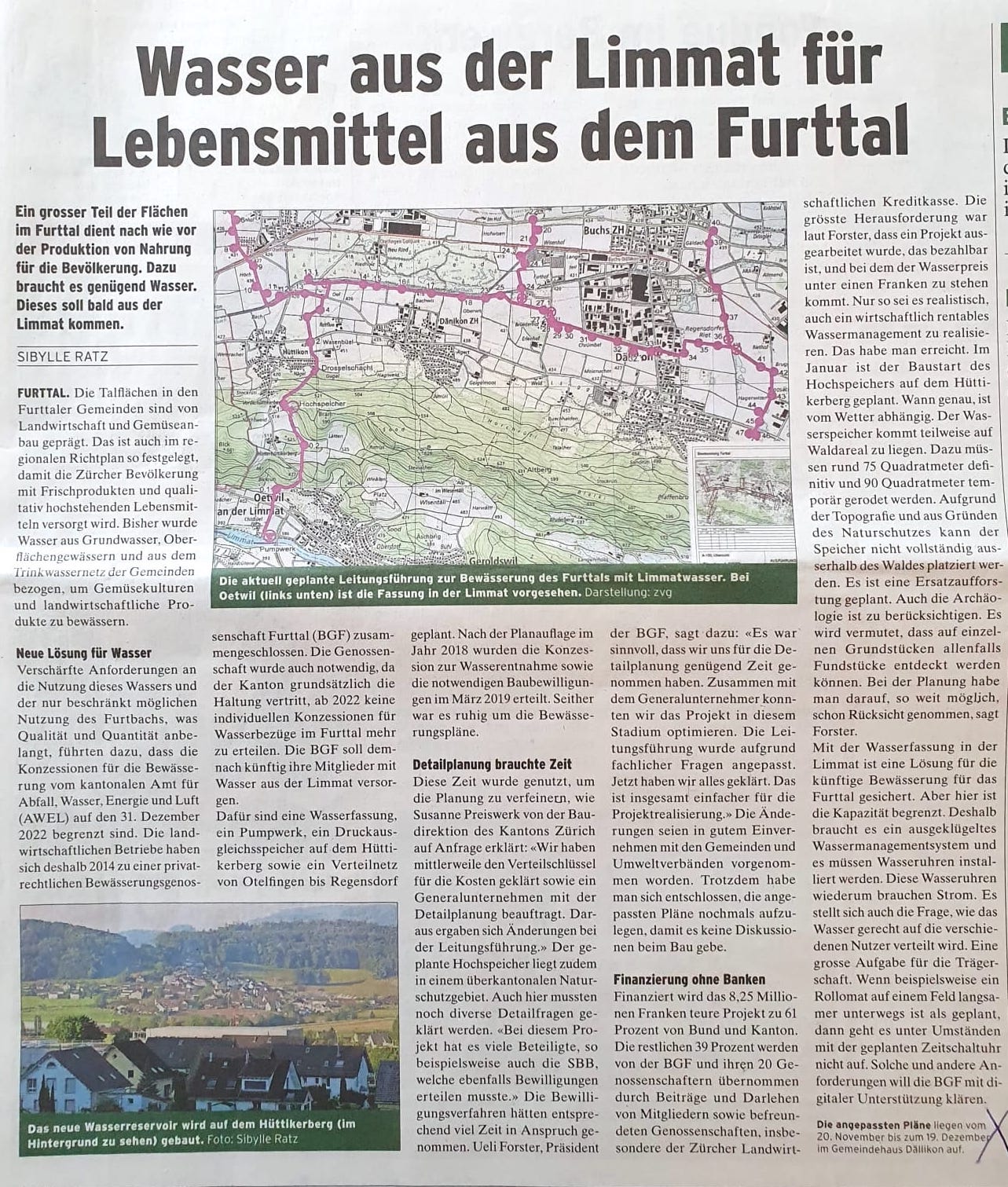 Article on the new pipeline from the Limmat river to Furttal. Source: Furttaler, 27.11.2020