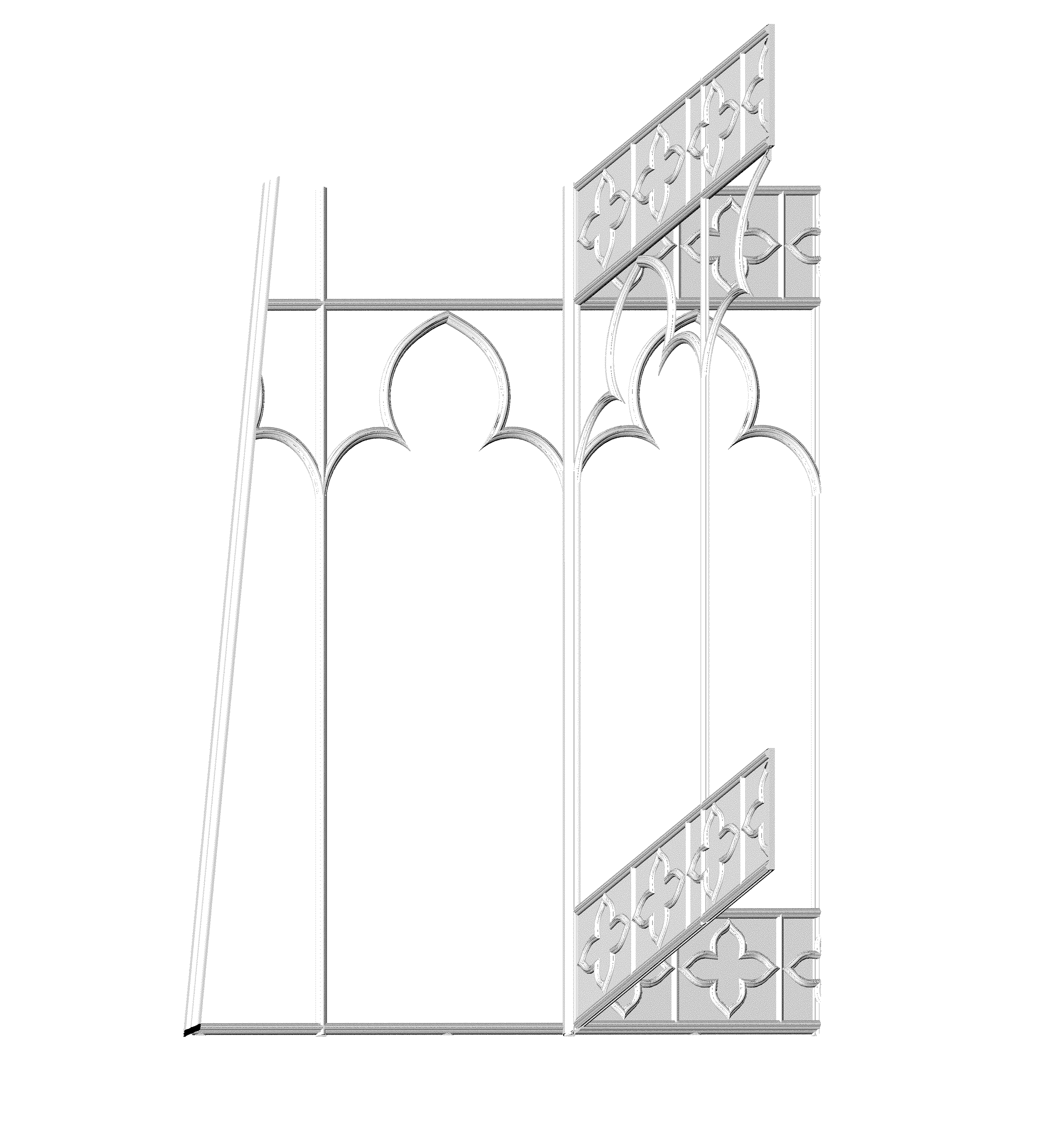 The steel structure is made of typical gothic profiles, that can be mostly seen on church windows. This system is repeated on all the shaft for an uniform image and for this reason also the intersection of the different elements looks homogeneous like this showen above.