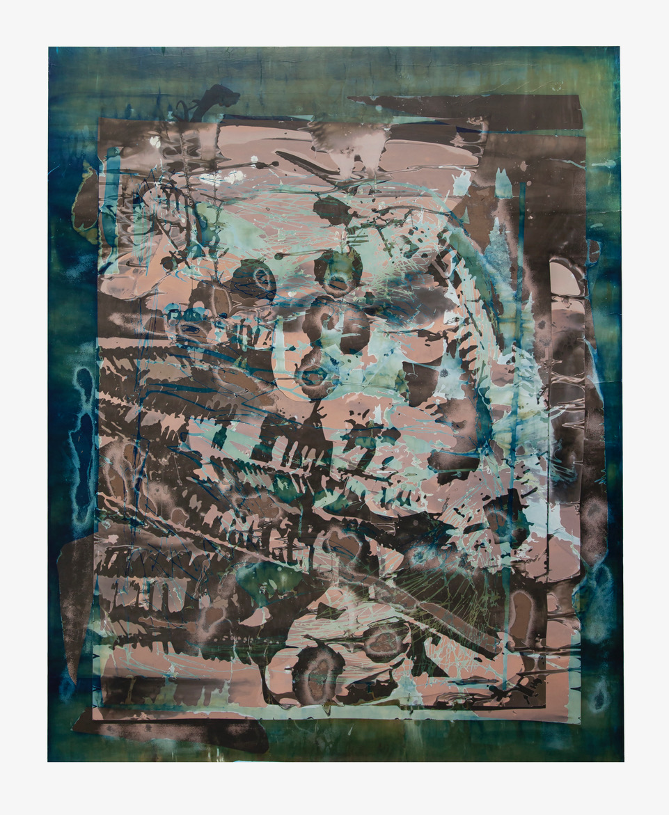 Antonia Kuo, Spawn, 2021, unique chemical painting on silver gelatin paper, welded aluminum frame, 71 x 55 1/2 inches (180.3 x 141 cm)