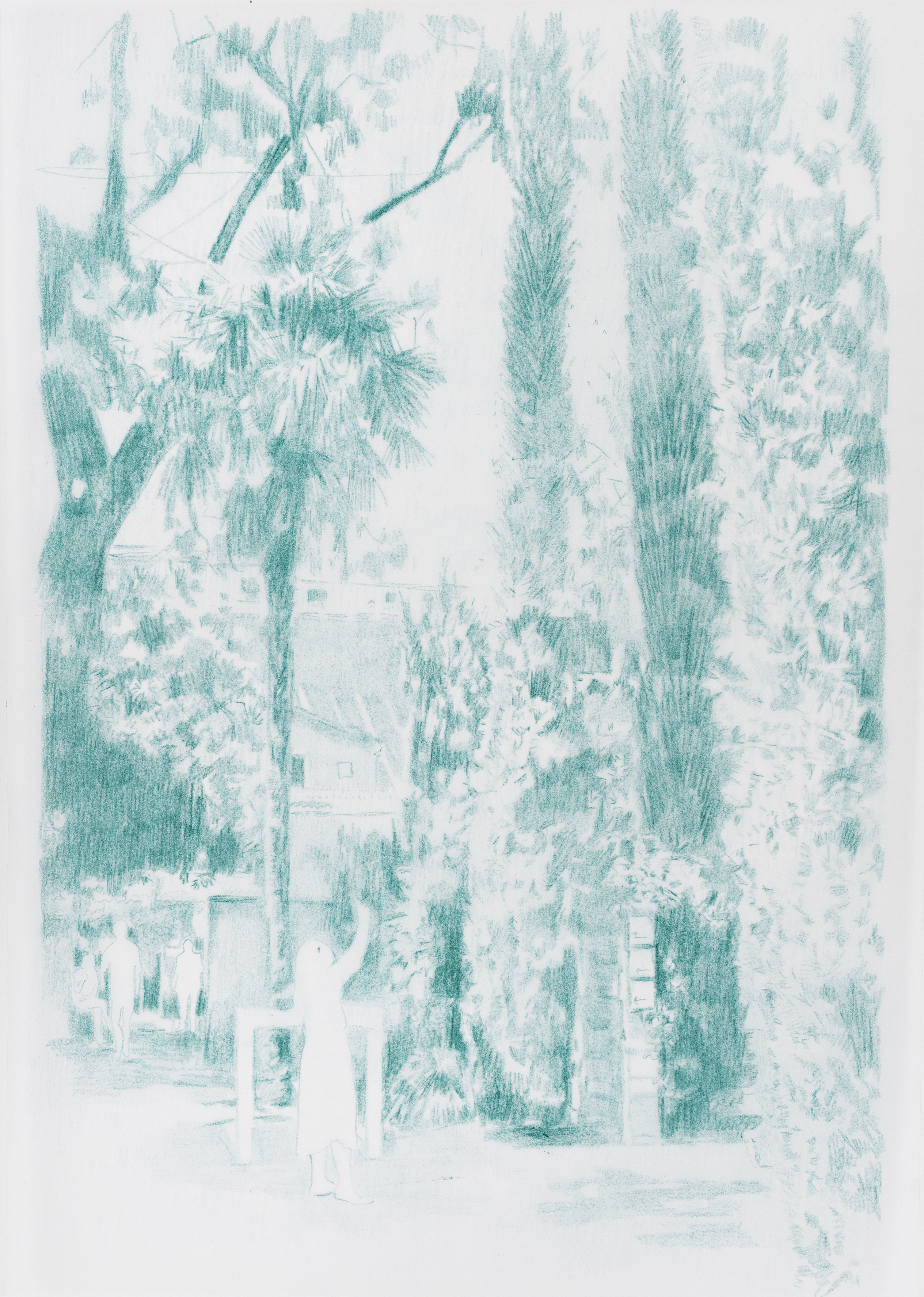 Figure with trees in green, 2020 Crayon on tracing paper, 29.7 x 42cm
