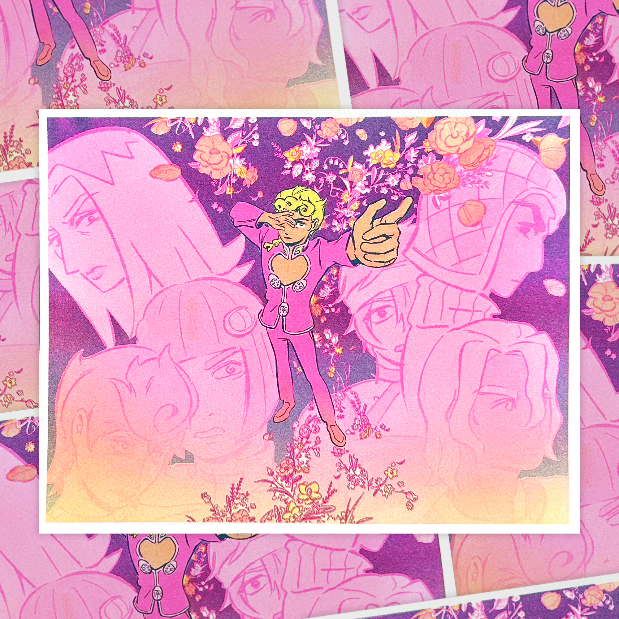 [golden wind] printed at punch kiss press with fluo. pink, yellow, and purple.