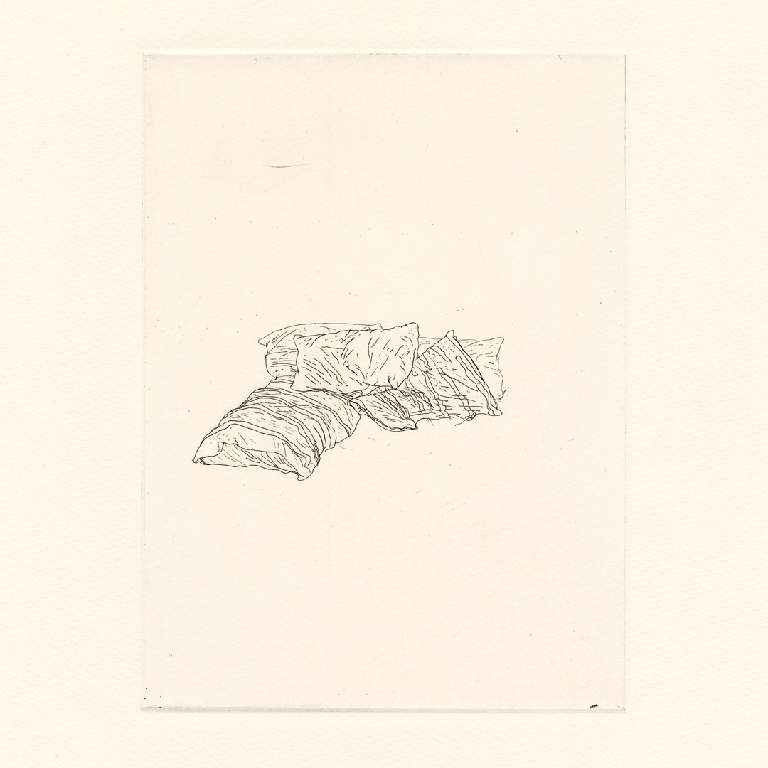 Our Pillows (Friday at 7:25 AM), 2021, etching on paper, 9" x 12"