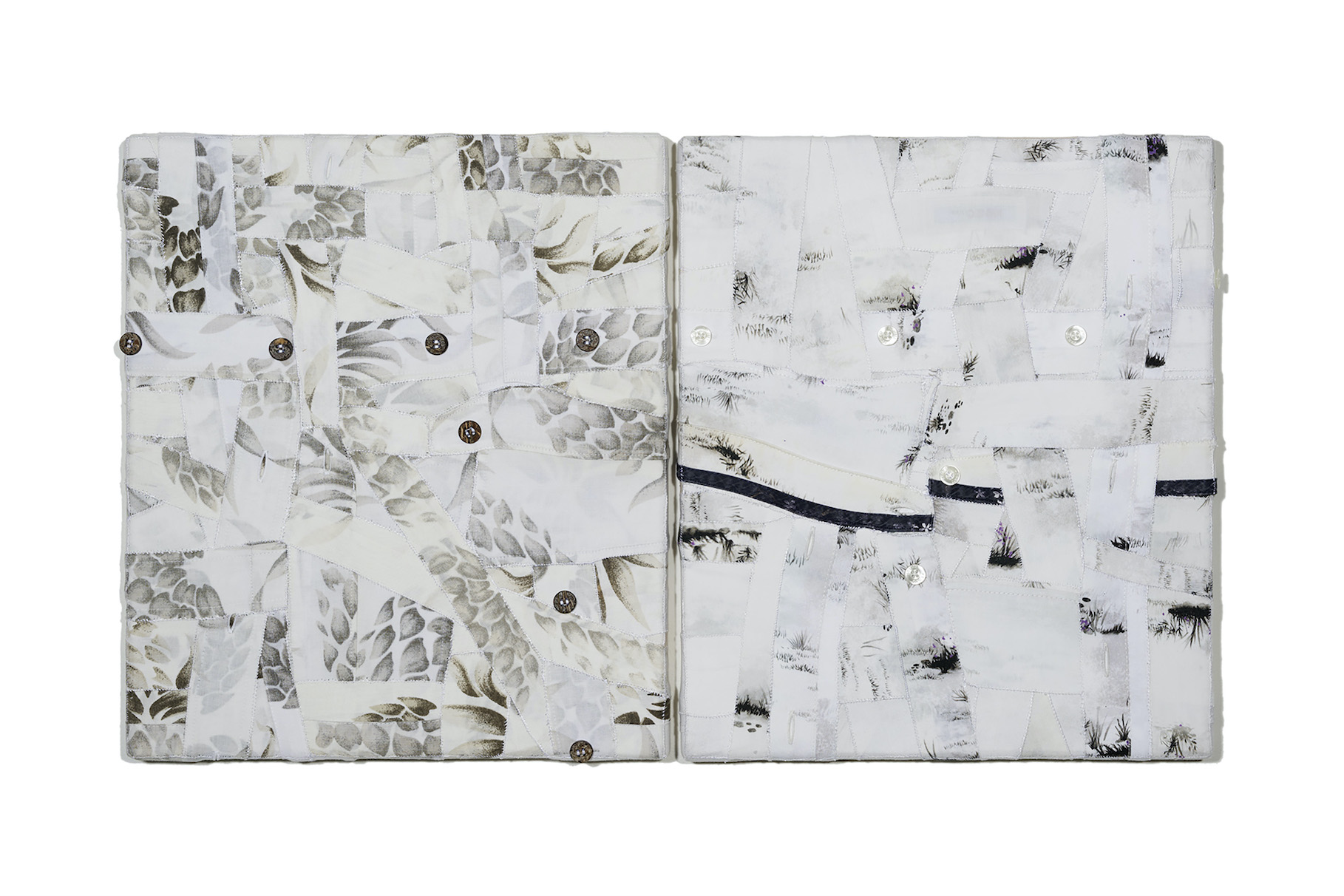  ’Willem & Tom’, 2024. Deconstructed men’s shits hand stitched over wooden stretchers 35 x 61 cm 