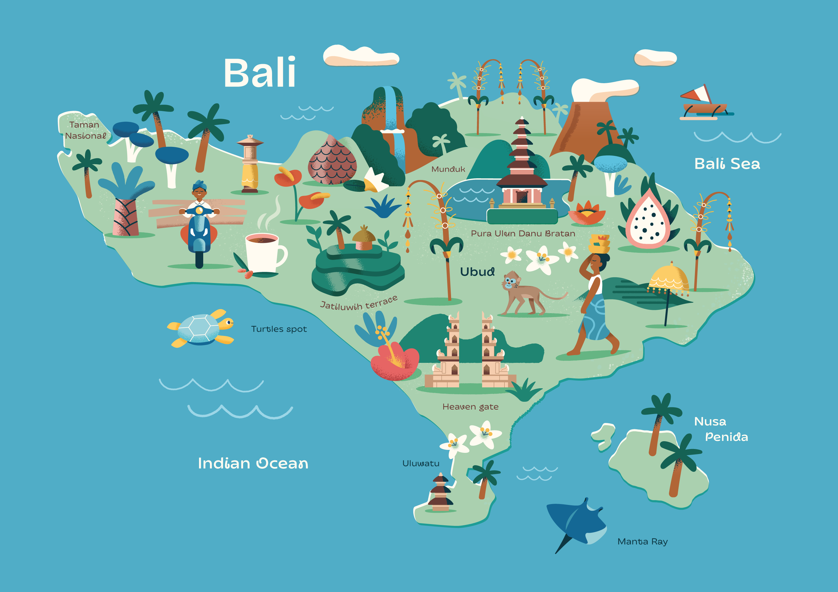 Illustrated map of Bali featuring points of interest like Pura Ulun Danu Bratan, Jatiluwih rice terraces, and the Heaven Gate, with pastel colors and a playful composition.