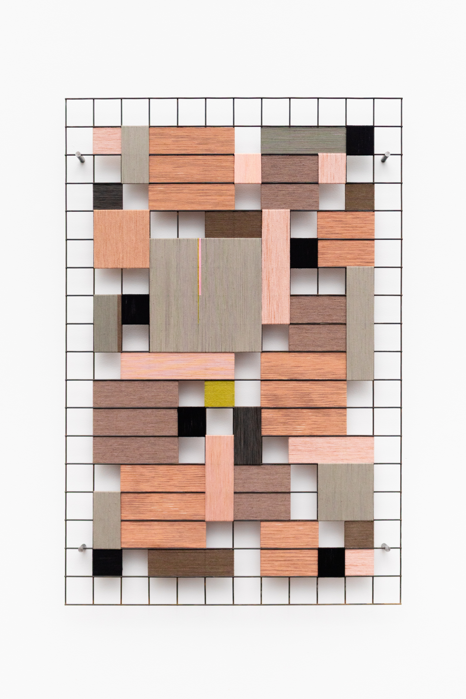 Field Drawing II, 2025, Wattle bark, wild cherry ballart, and safflower, cotton, and wool on steel mesh, 90 x 60 x 5 cm