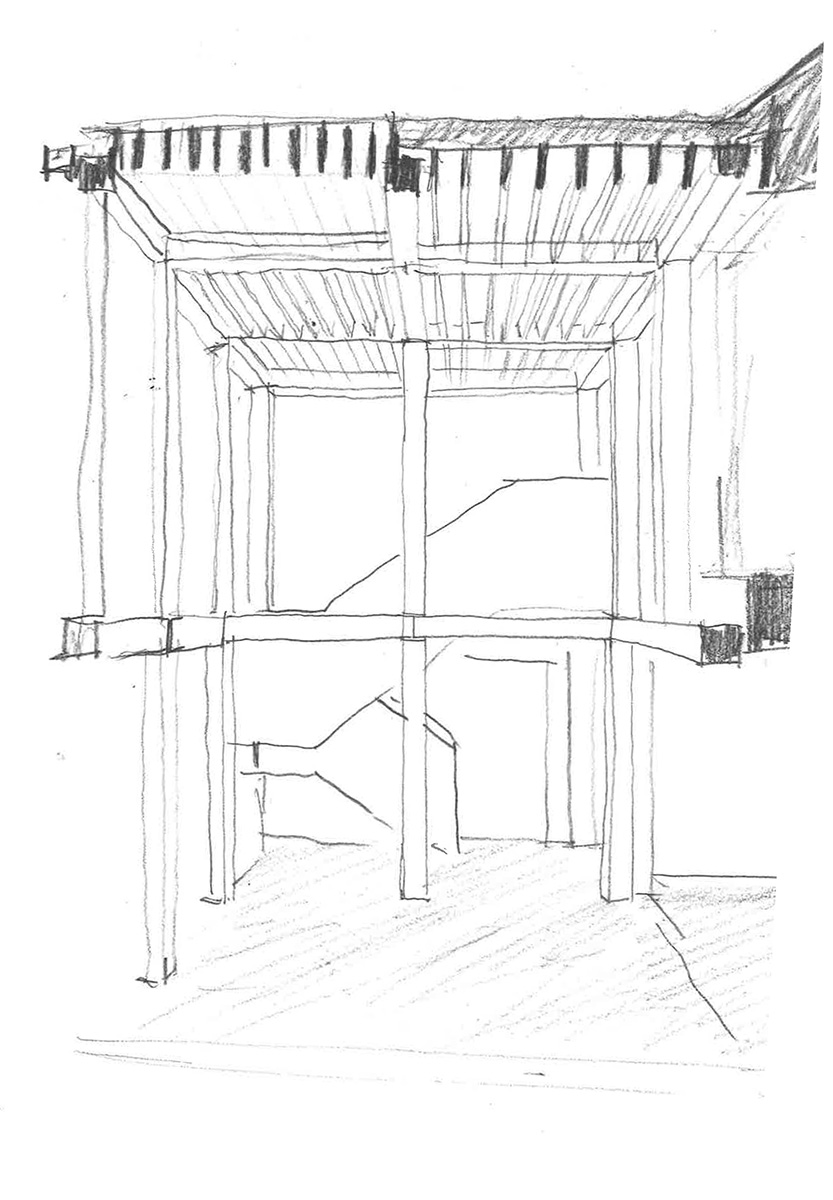 Exploring column and beam treatments and staircase behind
