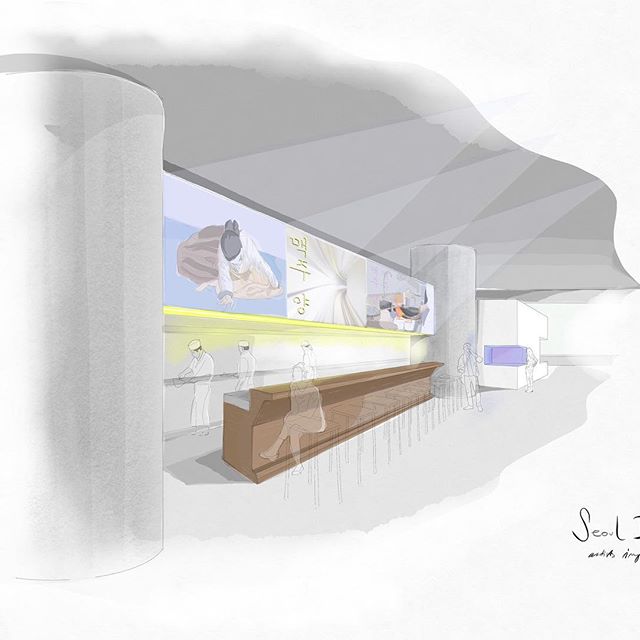 The brief was for a Korean restaurant in a high end dining precinct, with a series of functional layers that would change through the day. After our research trip (see previous post) we established that Korea is a modern, forward looking nation with a rich history and culture that surfaces in various art forms, and also in how food is prepared and shared. We created a sleek space, shaped by a minimum number of imposing volumes, each having a function carved or extruded out of it. The front area houses the pick up and takeaway counter, with a long communal table connecting with the back area. The barbecue area was conceived as a gathering spot, a bit like a mundane version of a ceremonial altar. A low waffle slab conceals the extraction and lighting, and the seating consists of a series of solid timber beams resting on a concrete base. A large seating counter sits between the gigantic, exposed concrete columns and faces the open kitchen. A white banner hovers over the bench and provides a source of light, whilst acting as a screen for projectors that cast both traditional Korean dramas and live feeds from the plating area. The theatre of food is then presented closer to an art form than a daily act.