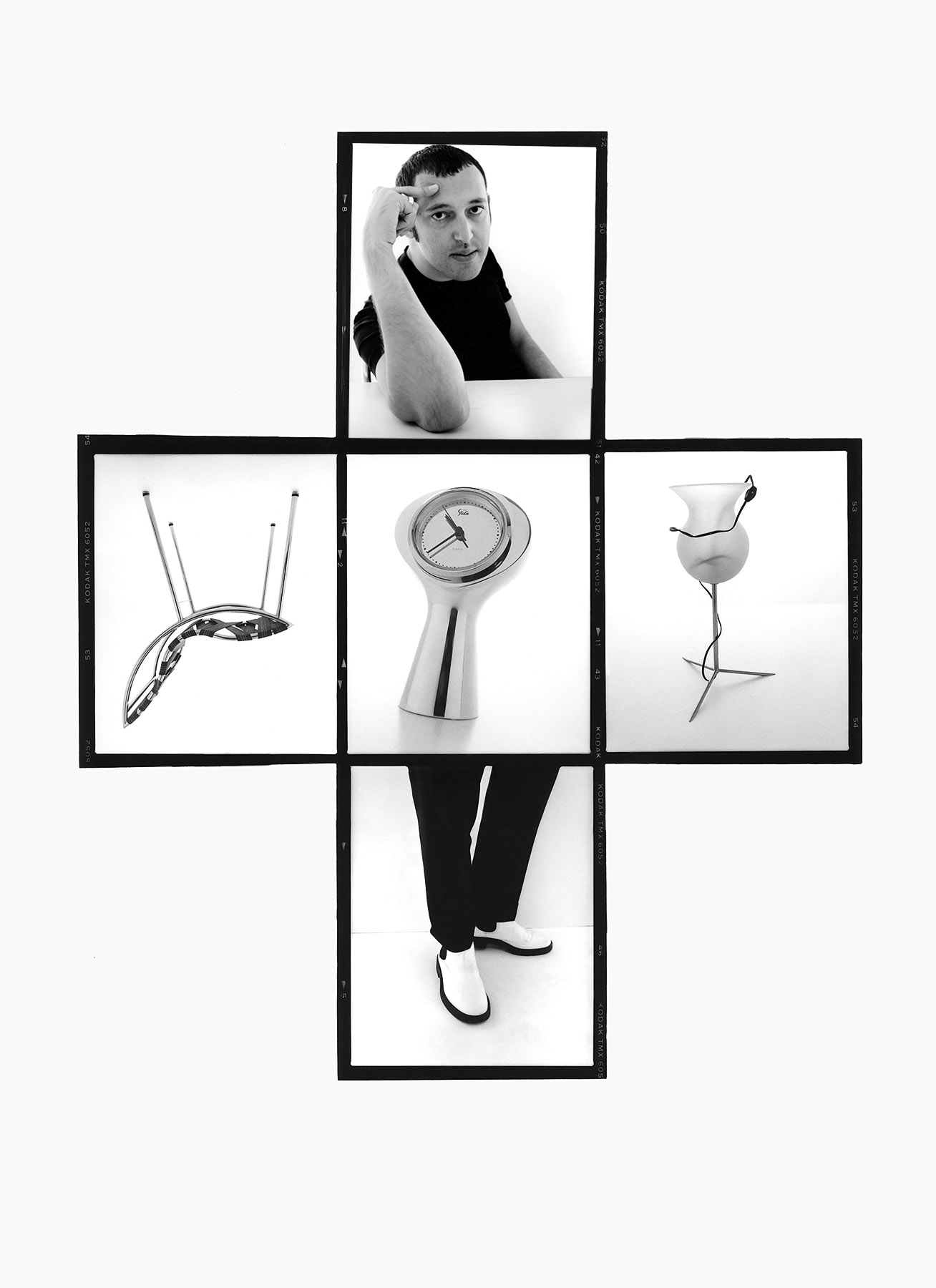 Karim Rashid, 1996I met Karim on a Harper’s Bazaar shoot. We were new to New York, and both just starting our careers. I was assigned to do a portrait of him and some of his designed products. I ended up making this black&white collage. A combination of the man and his creations. So begun many years of collaboration and  friendship. 