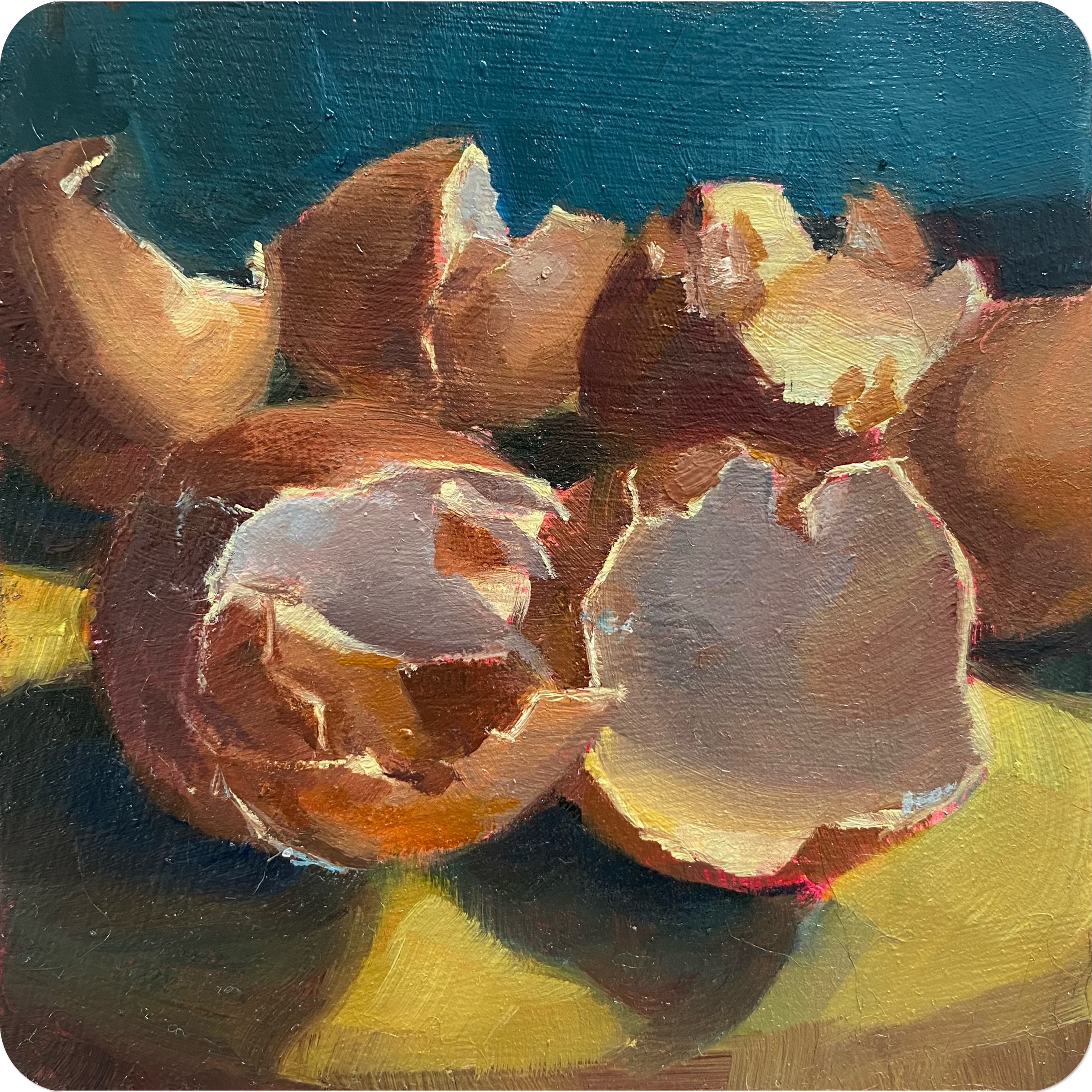 anne hathaw-egg, 202410 x 10 cm oil on MDF coaster