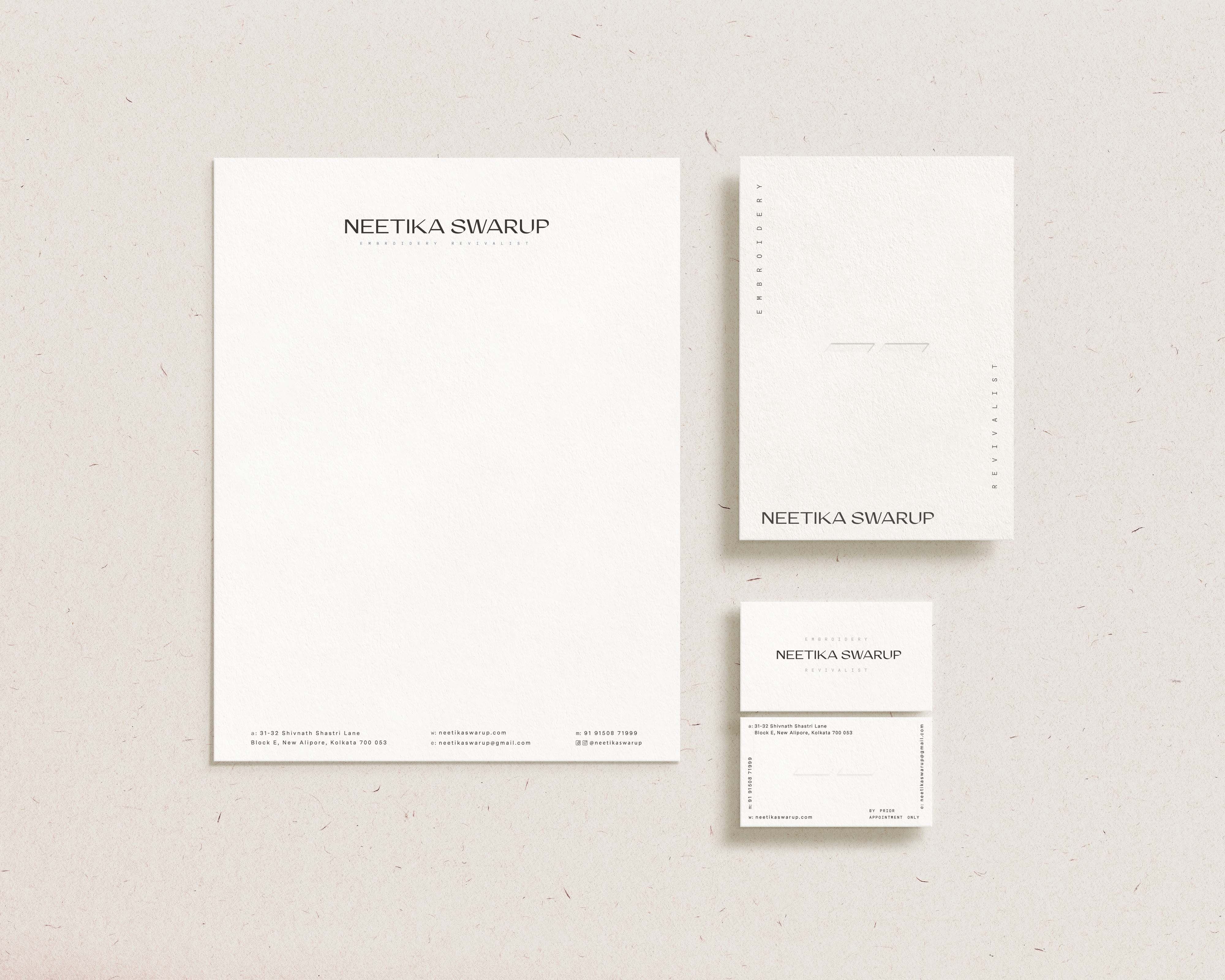 The paper used across collaterals were kept consistent— they only varied in weight basis what was the best fit depending on the collateral. The business card follows a clean form but with unusual typesetting.