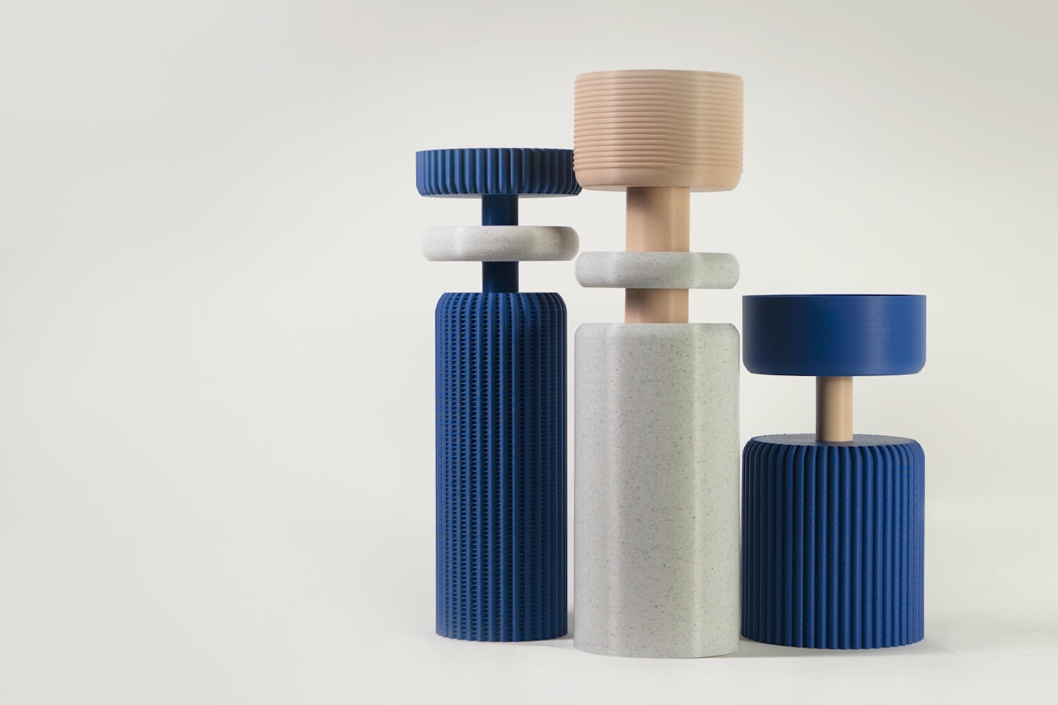 Decorative totems made from 3D printed recycled plastic