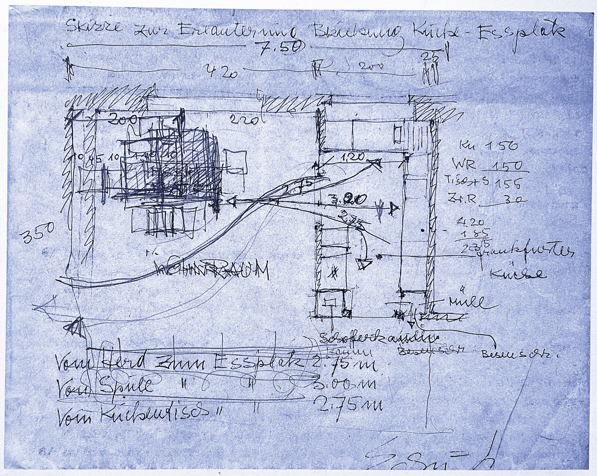 Margarethe Schütte-Lihotzkys Skizze zu den zwischen Küche und Essplatz zurückgelegten Wegstrecken