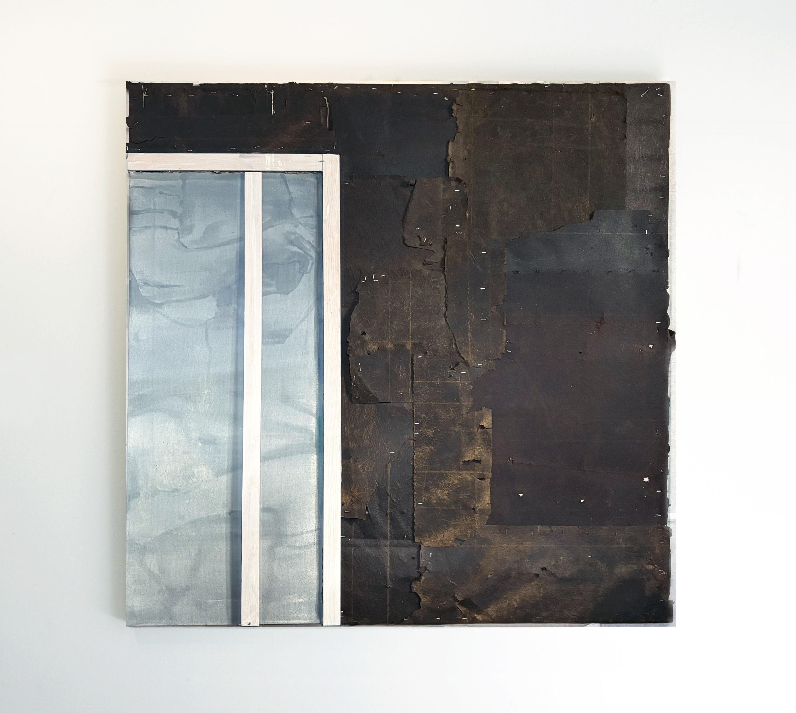 If these walls would listen, handmade acrylic on canvas and wood combine with tar paper, 48” x 48”, 2025