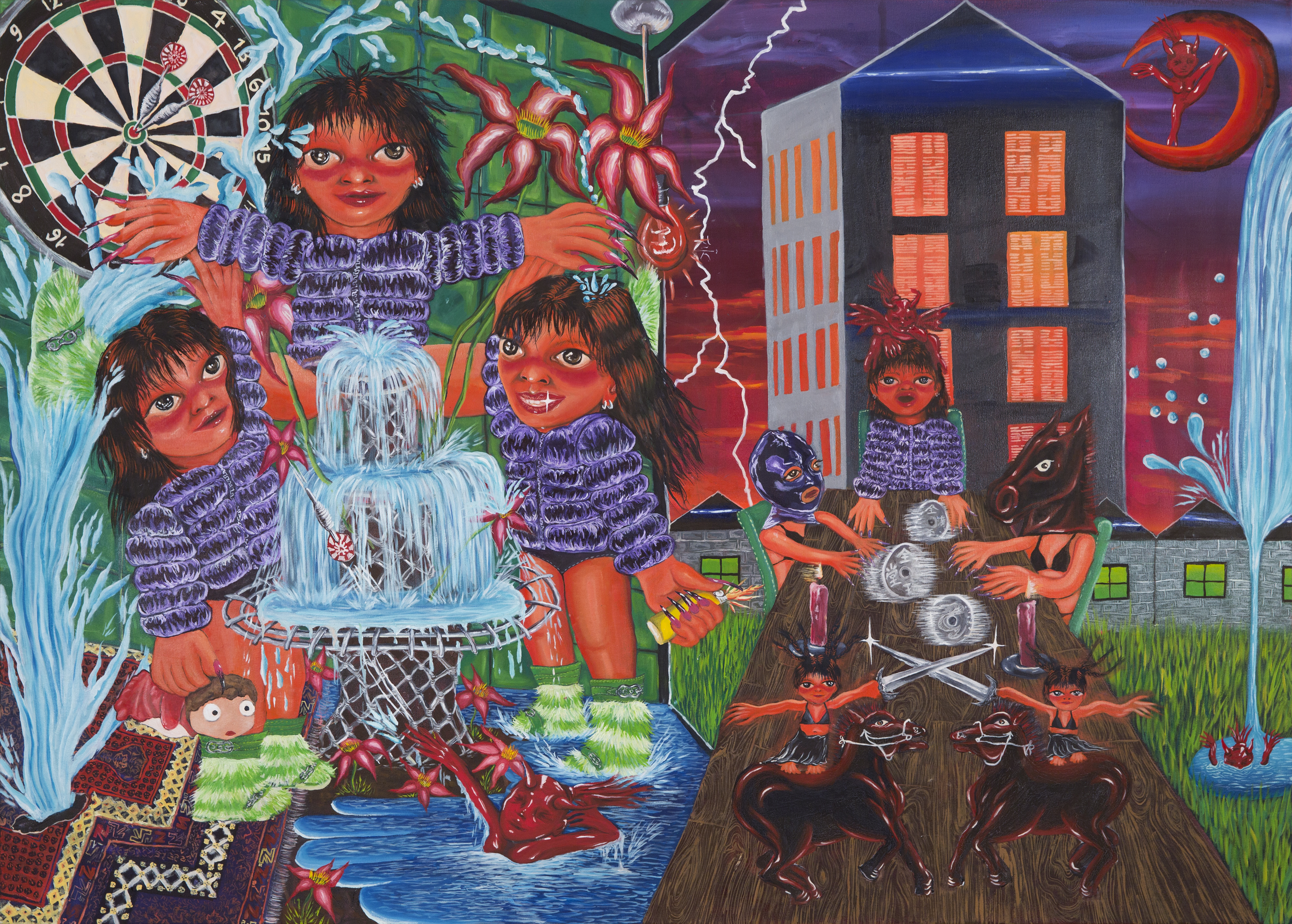 spinning the coins of destiny while the devils play (2021), oil on canvas. 100 x 140 cm. Photo: David Paterson