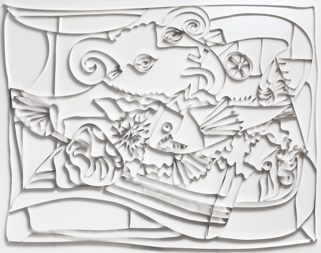 gray shadows on a white ground depicting a still life with sea food and a rams head 