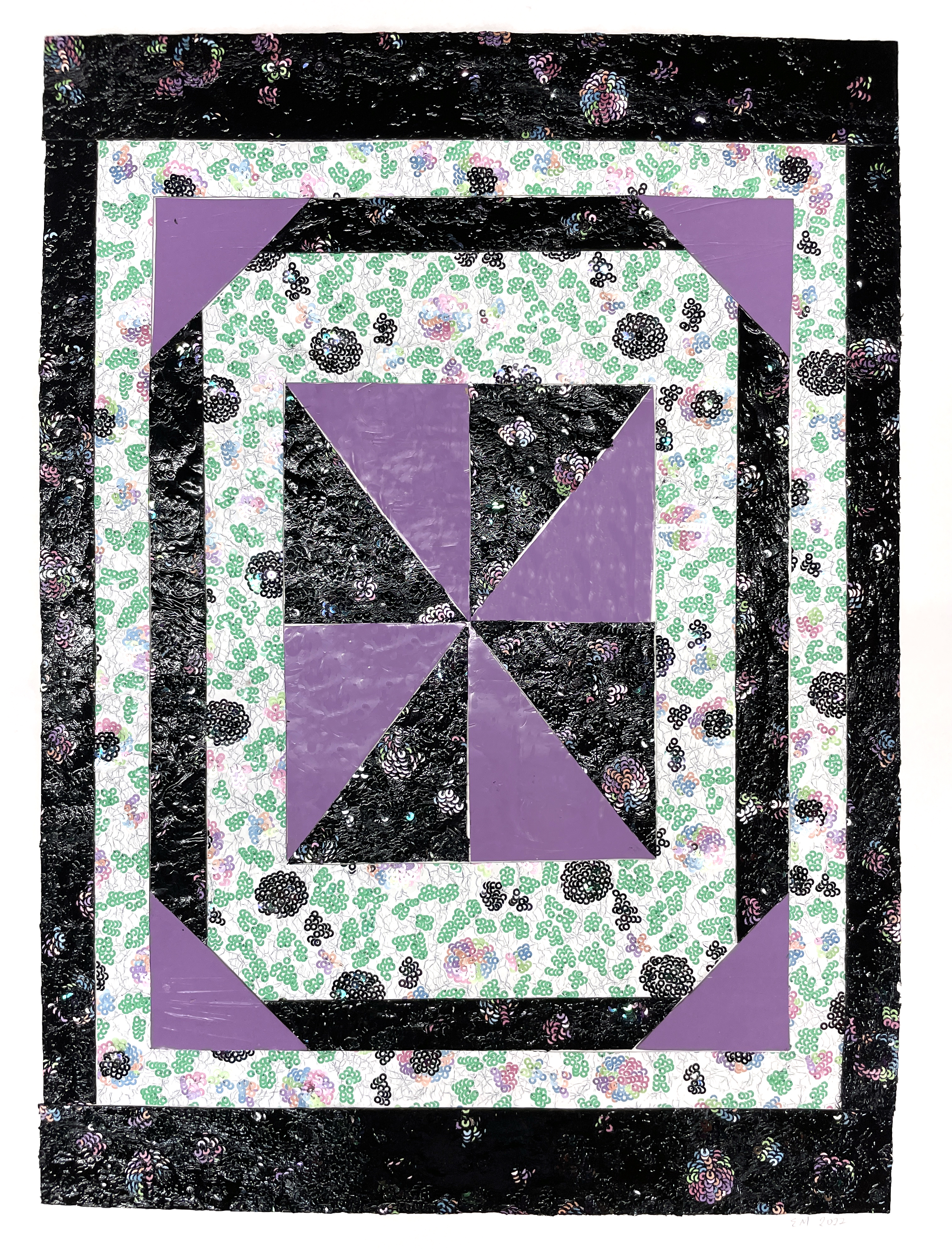 pinwheel cabin, 2022, latex paint, sequins on paper 24” x 19”