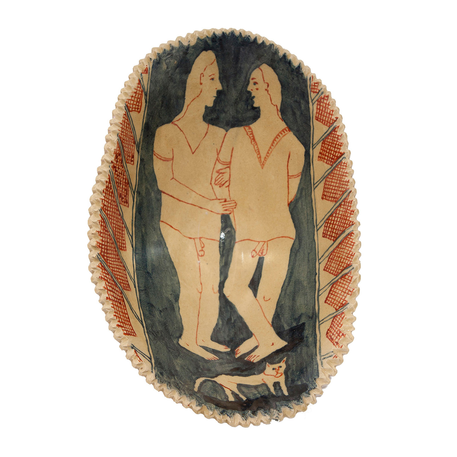 Deep oyster bowl with a couple and a cat, 31.7.2014Glazed ceramic stoneware