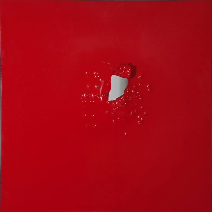 Shot Through 1, 2013, stainless steel with gunshot and pigmented paint, 24x24in