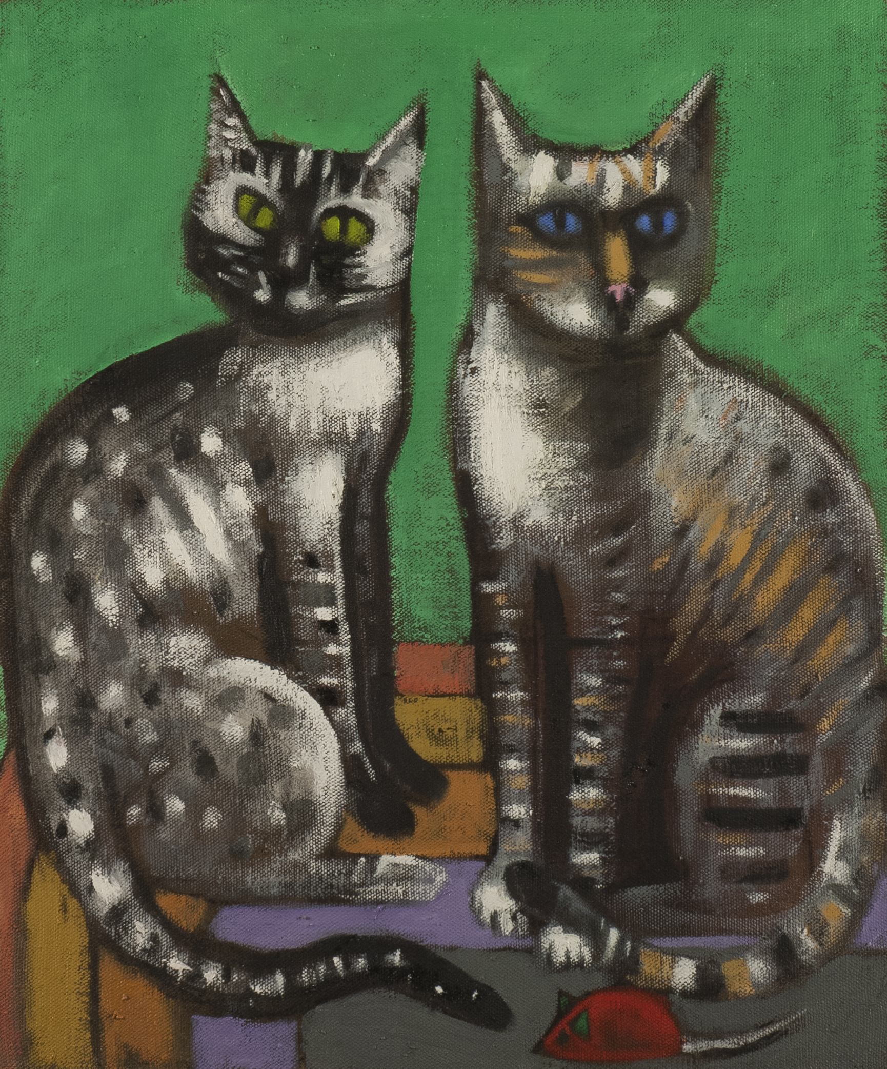 * Cats and Toys on Rug, 20" x 24" oil on linen, 2013