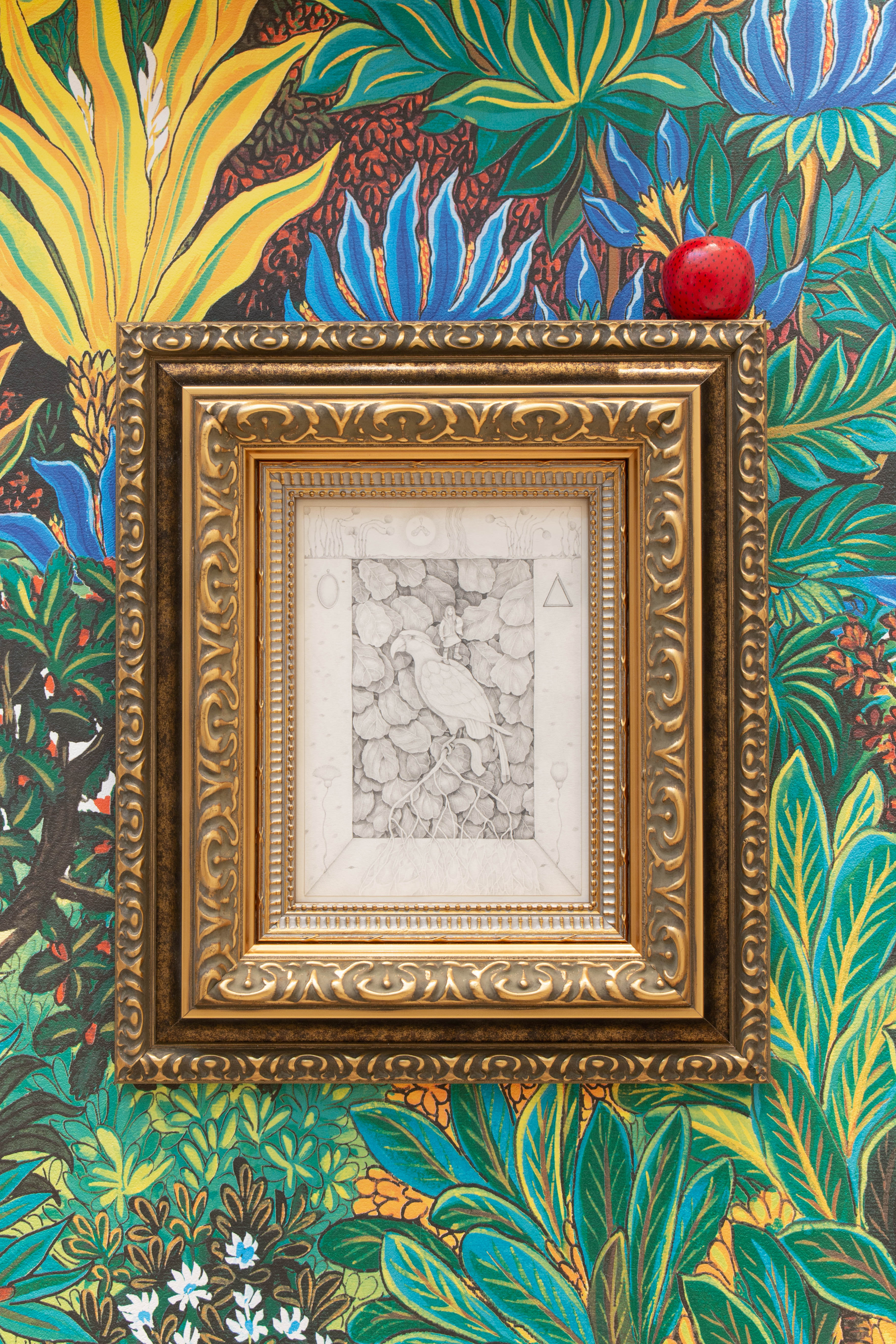 iris and birdgraphite on paper, gilded wooden frame35.6 x 40.6 x 7.6 cm (14 x 16 x 3 in)